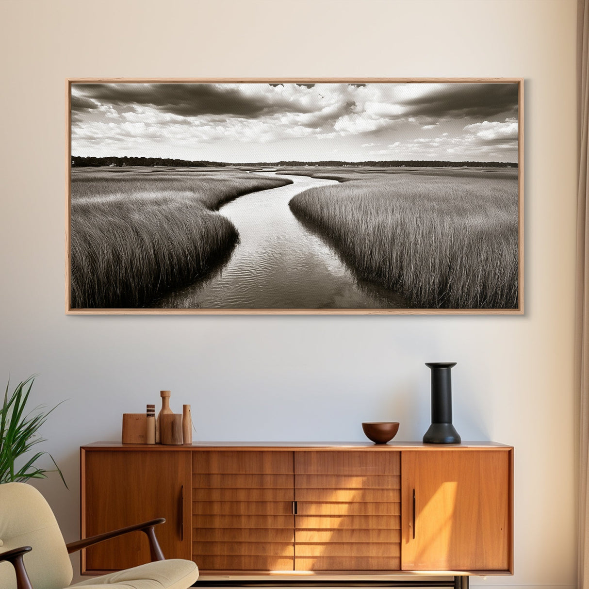 Winding River, Marsh Grass, Nature Path, Sepia Tones, Framed Canvas Print, Country Wall Art, Entryway Decor, Rustic Landscape Aesthetic