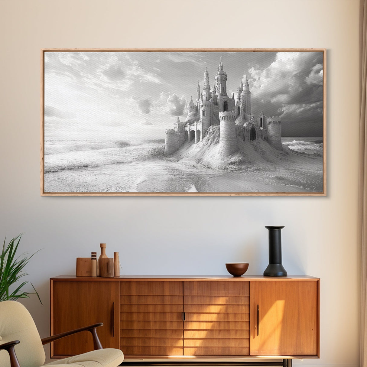 Sandcastle Fortress, Dreamy Seaside Castle, Fairytale Fantasy Art, Ocean Kingdom, Framed Canvas Print, Kids Room Wall Art, Bedroom Wall Art