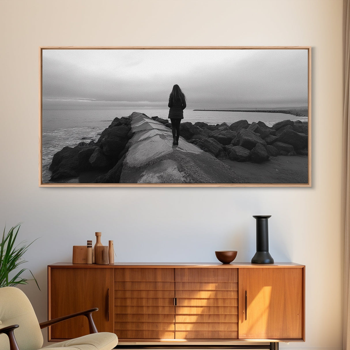 Woman Walking, Jetty View, Seaside Mood, Solitude Moment, Framed Canvas Print, Moody Wall Art, Bedroom Meditation Decor, Boho Decor