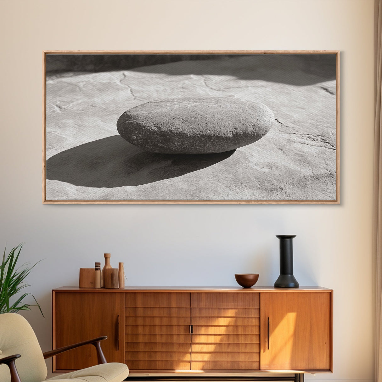 Zen Stone Focus, Natural Simplicity, Black and White Minimalist, Canvas Print, Spa Wall Art, Serene Bathroom Decor, Peaceful Aesthetic