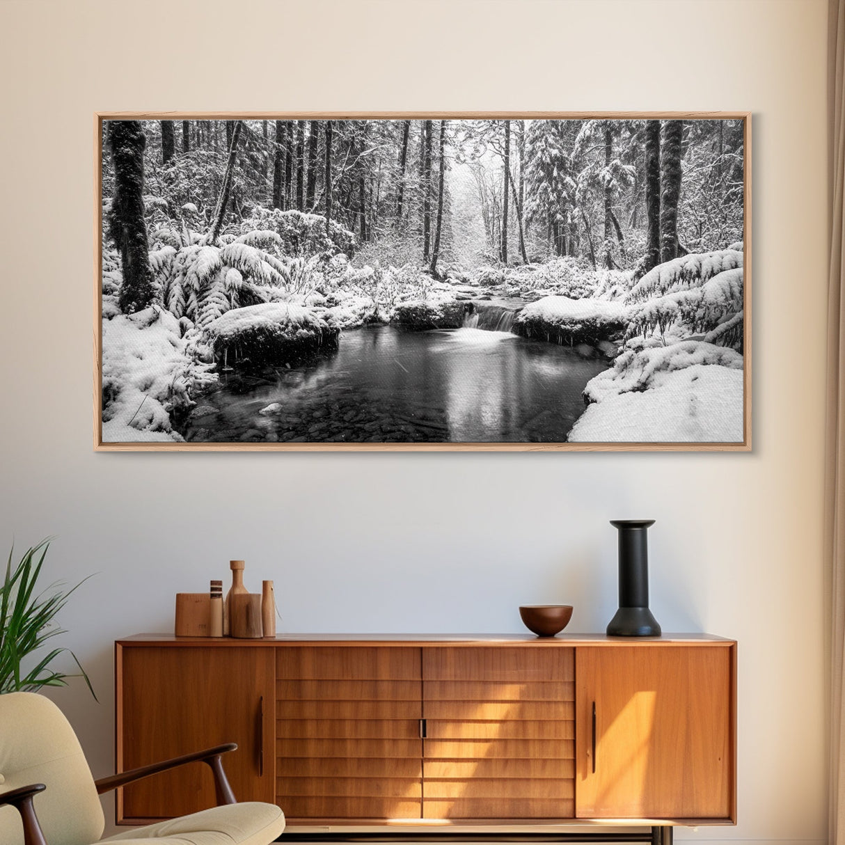 Winter Forest Creek, Snow Covered Trees, Black and White Tranquil Art, Canvas Print, Holiday Wall Art, Nature Lover Gift, Cozy Vibe