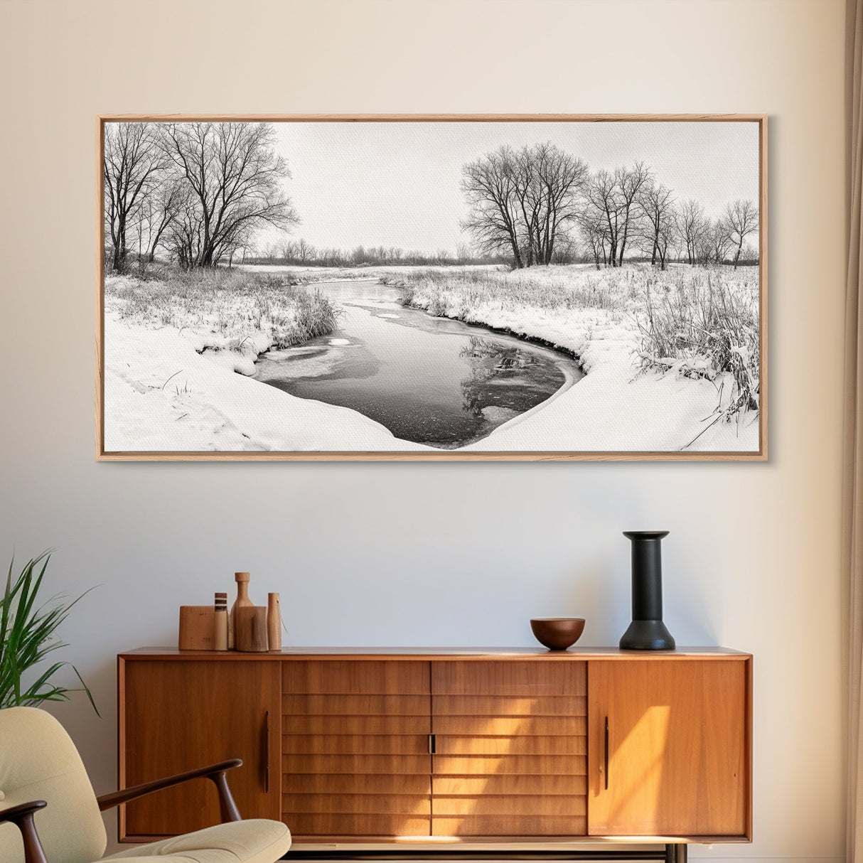 Frozen Stream Scene, Bare Trees Landscape, Black and White Nature Decor, Canvas Print, Winter Wall Art, Neutral Bedroom Accent