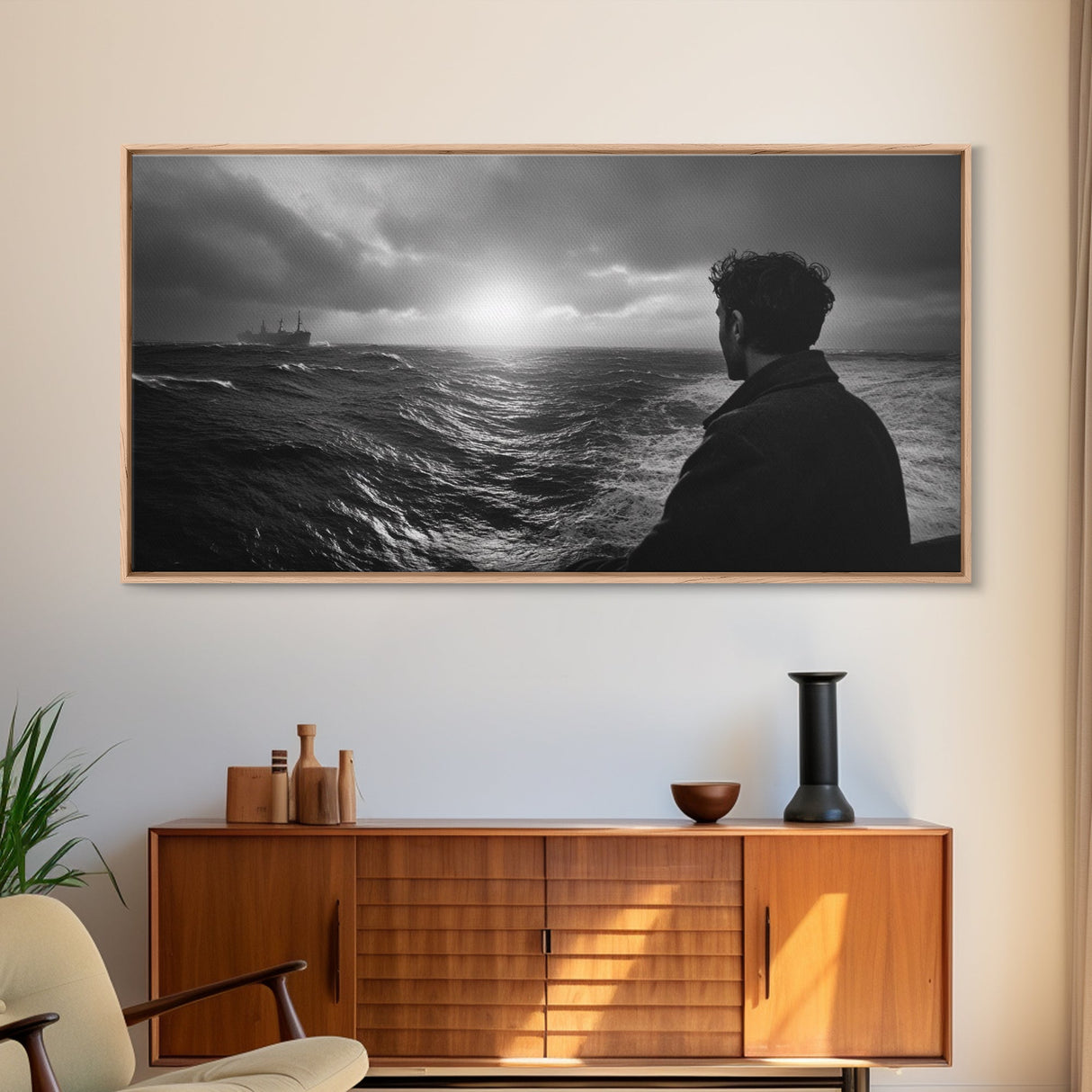 Man Watching Sea, Stormy Ocean View, Emotional Scene, Canvas Print, Moody Coastal Decor, Office Wall Art, Nautical Monochrome Style