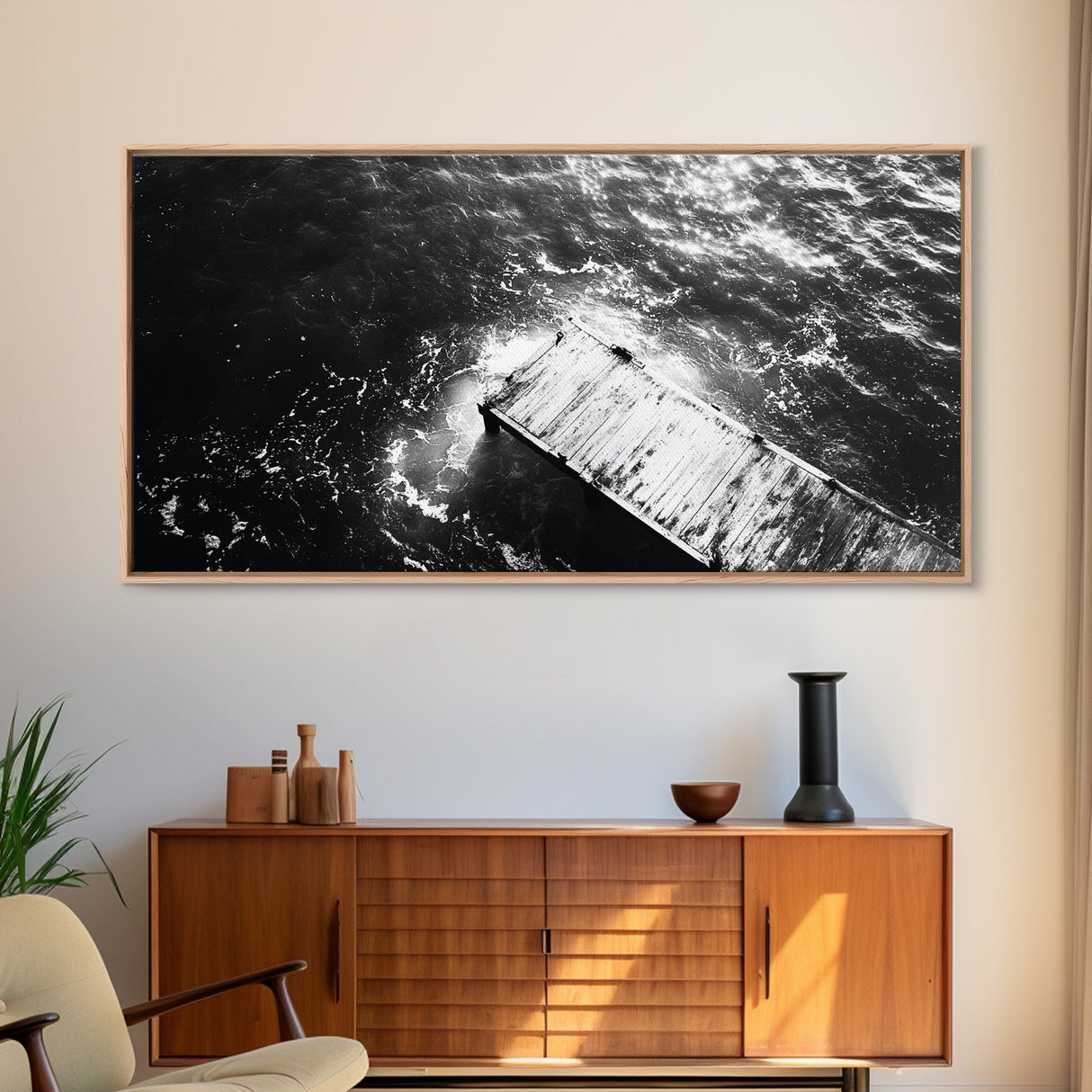 Weathered Dock, Water Reflections, Ocean Edge, Moody Texture, Framed Canvas Print, masculine office decor, minimalist lakehouse art