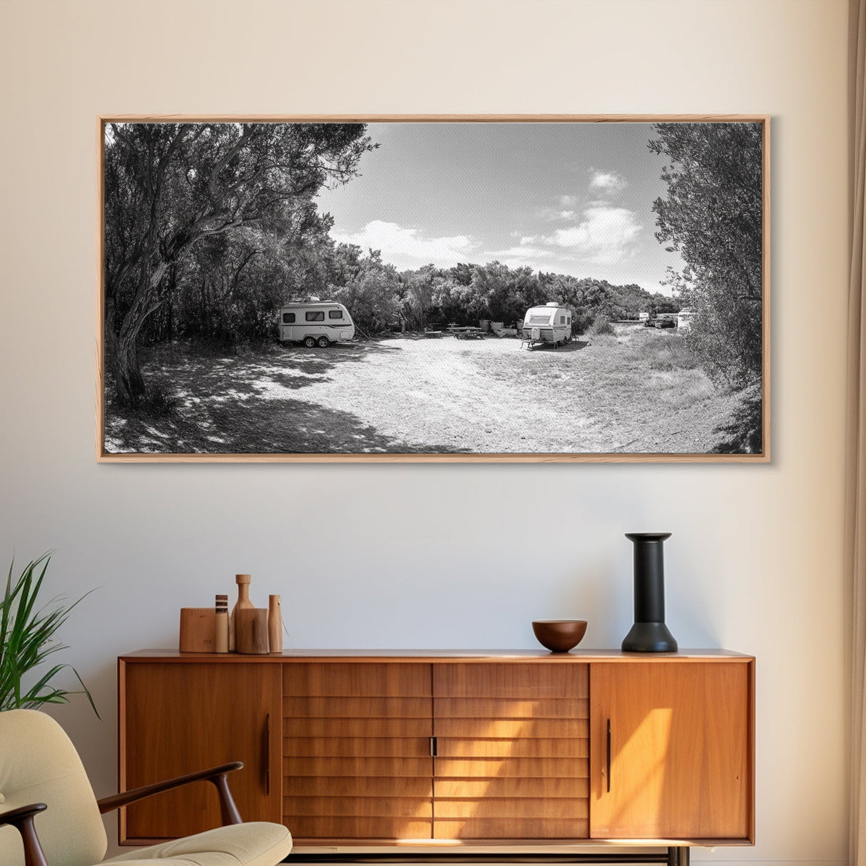 Camper Vans, Nature Escape, Forest Glamping, Sunny Grove, Canvas Print, Rustic Wall Art, Adventure Lover Gift, Living Room Decor