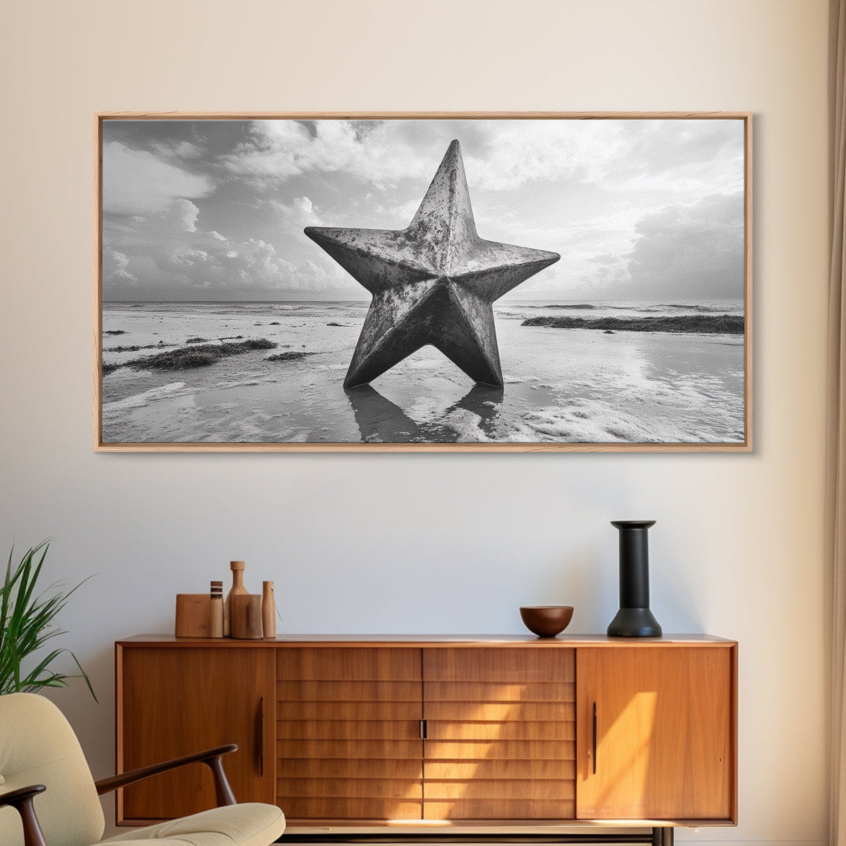 Weathered Star Sculpture, Coastal Symbol, Beach Art, Framed Canvas Print, Americana Wall Art, Entryway Decor, Rustic Beach House