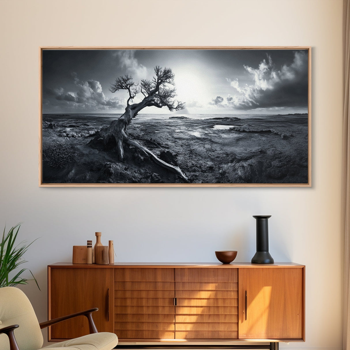 Windswept Tree, Coastal Landscape, Stormy Sky, Canvas Print, Desert Wall Art, Rustic Living Room Decor, Dramatic Minimalist Artwork