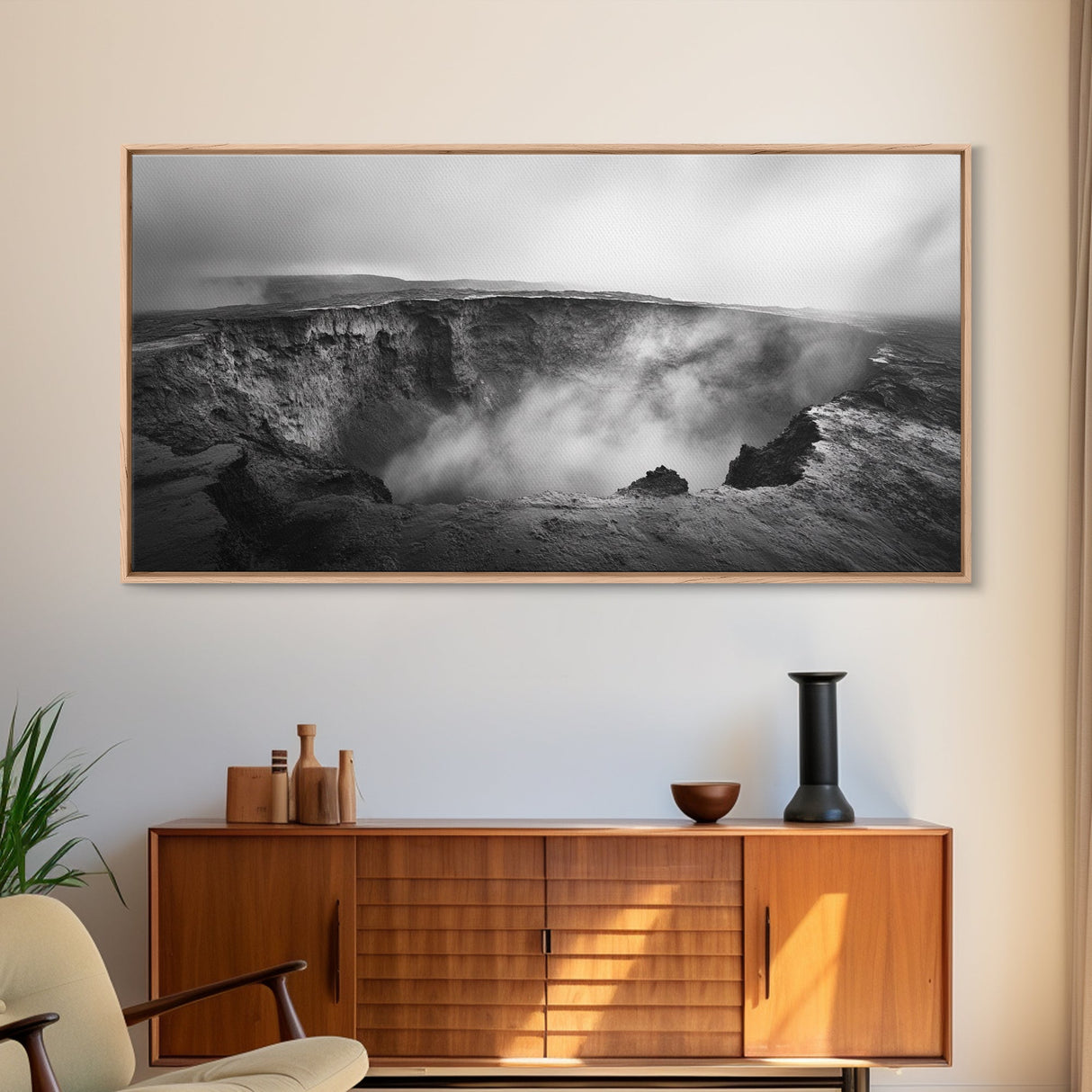 Volcanic Crater, Smoky Earth, Epic Landscape, Framed Canvas Print, Dramatic Nature Art, Study Room Decor, Moody Monochrome Photography