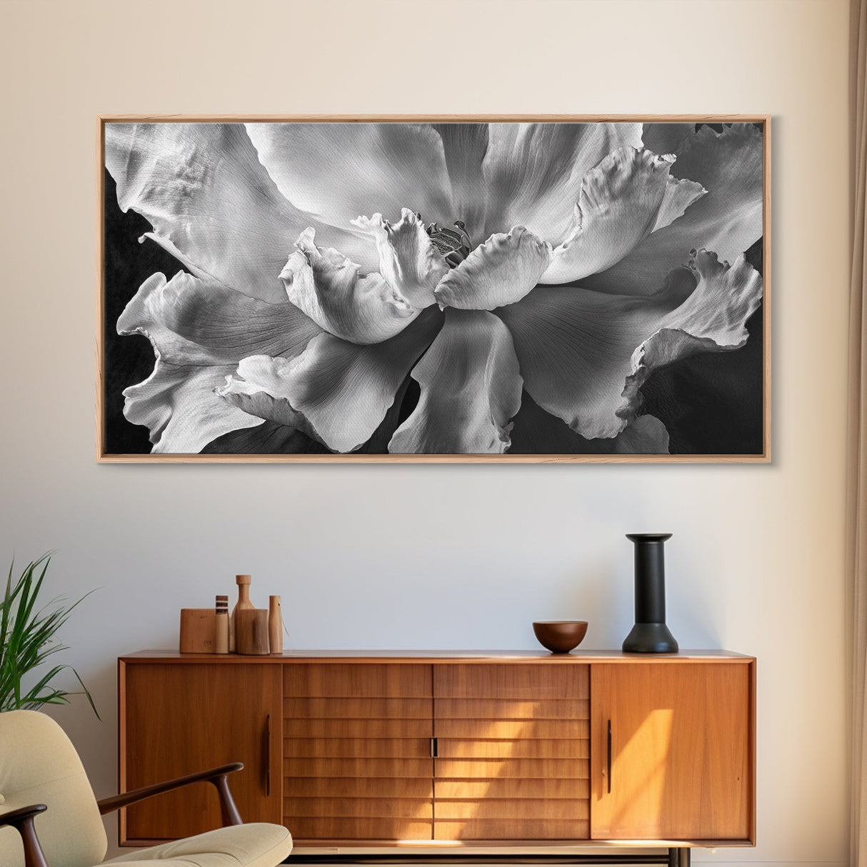 Floral Closeup, Petal Texture, Macro Bloom, Canvas Print, Botanical Bedroom Wall Art, Black And White Flower, Modern Nature Photography