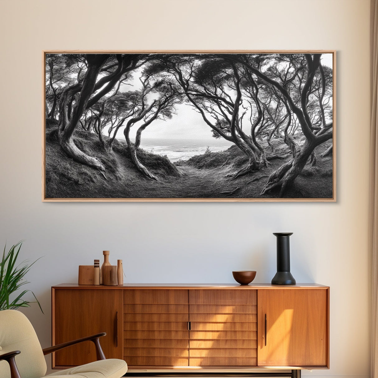 Coastal Trees, Windswept Forest, Ocean View, Framed Canvas Print, Boho Wall Art, Living Room Art, Nature Wall Decor, Monochrome Landscape