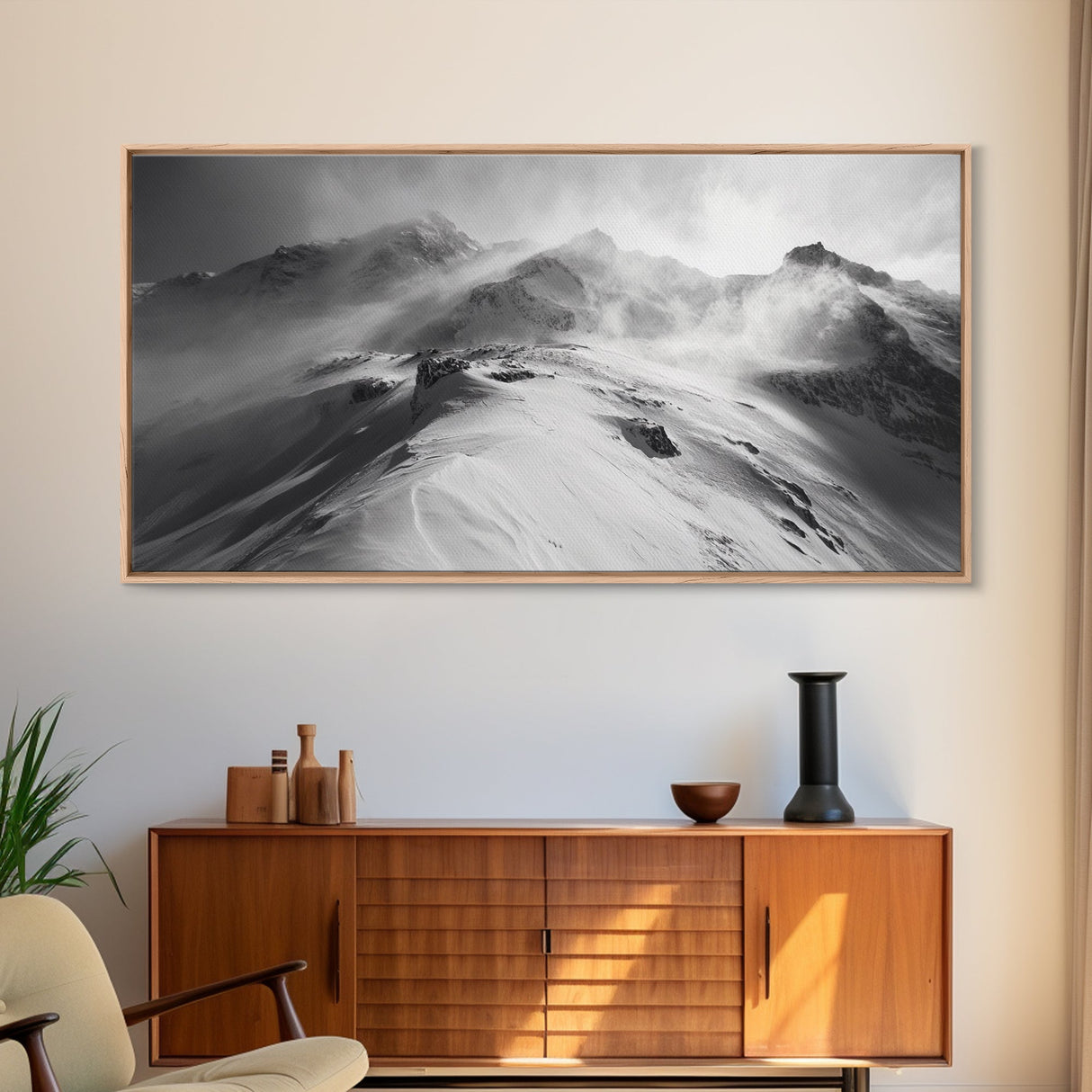 Snowy Peak, Windy Mountain, Winter Landscape, Framed Canvas Print, Black and White Art, Cabin Wall Decor, Moody Alpine Art, Rustic Wall Art