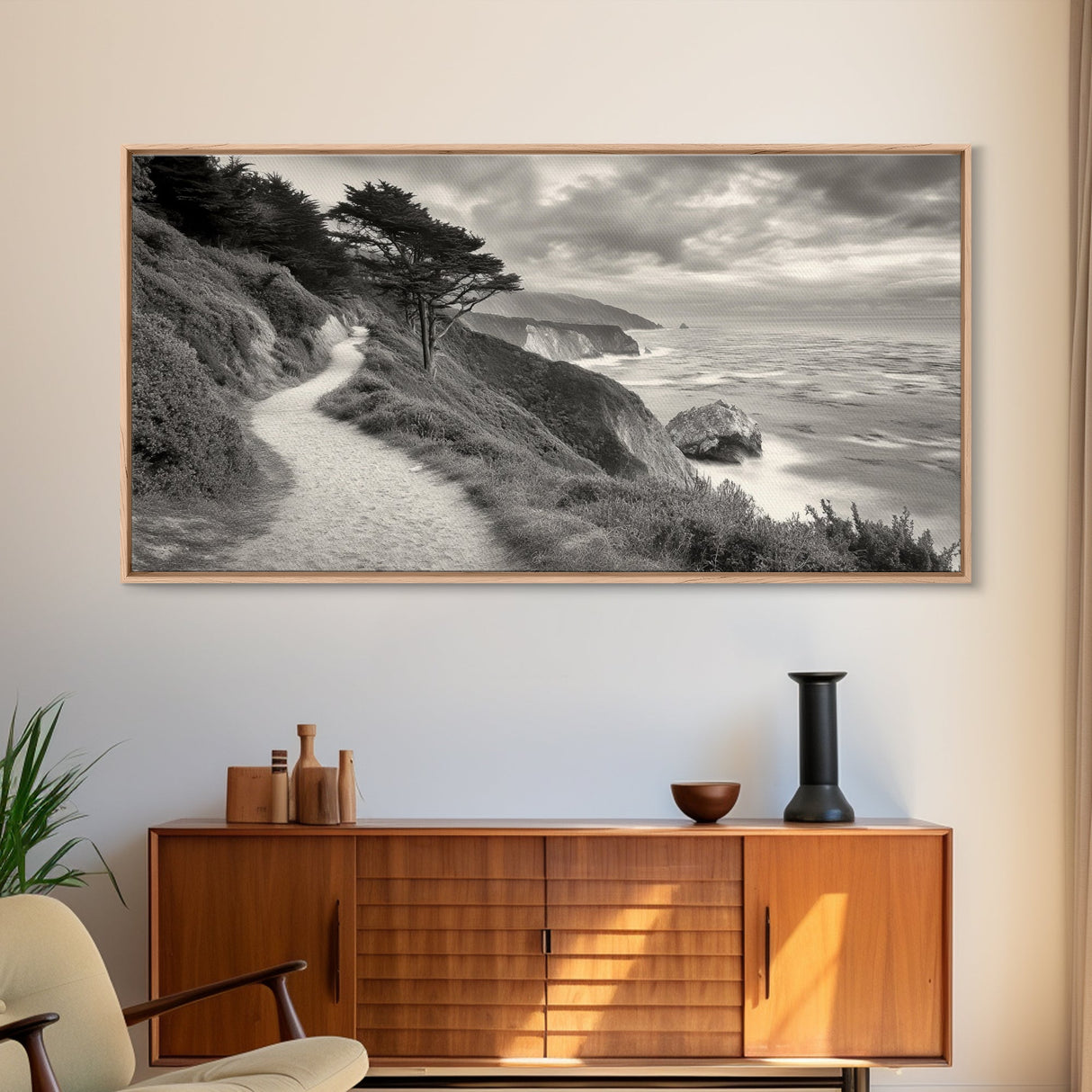Coastal Path, Nature Trail, Ocean Cliff, Cypress Tree, Framed Canvas Print, Minimalist Wall Art, Living Room Decor, Scenic Landscape