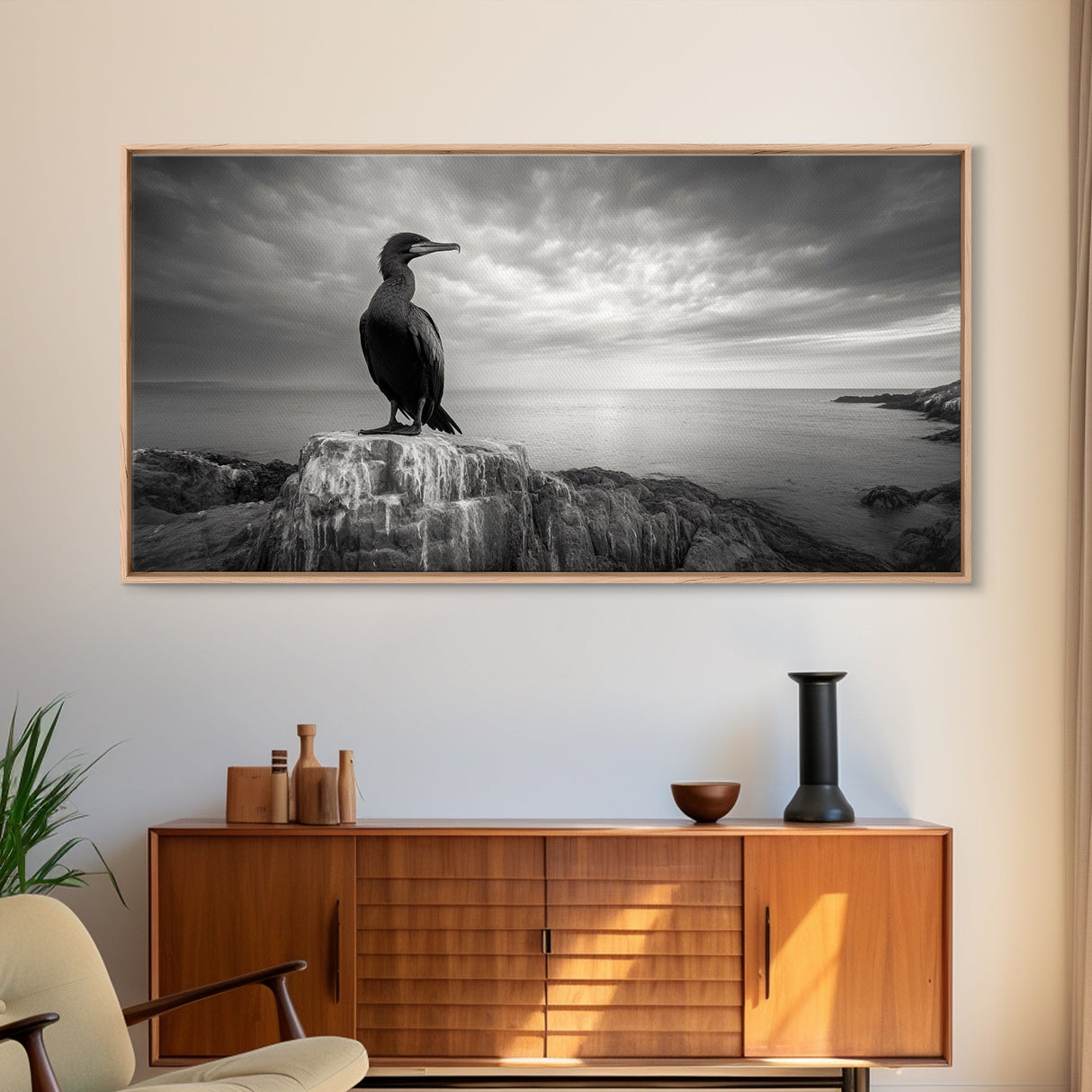 Sea Bird, Rocky Shore, Stormy Horizon, Coastal Watcher, Canvas Print, Nature Photography Art, Bedroom Decor, Ocean Wildlife