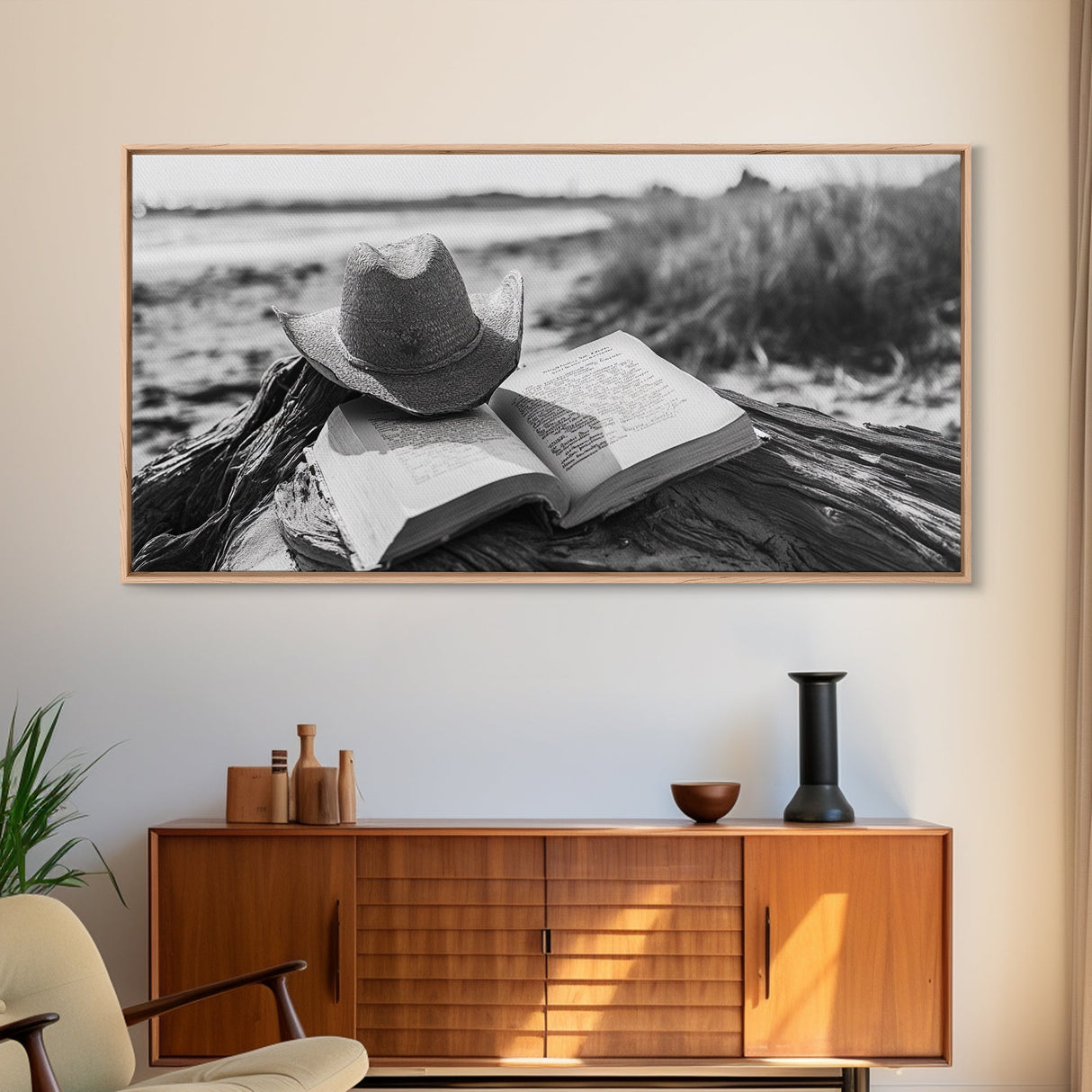 Open Book, Cowboy Hat, Driftwood Beach, Peaceful Shore, Canvas Print, Western Boho Art, Reading Nook Wall Decor, Fall Vibes, Office Wall Decor