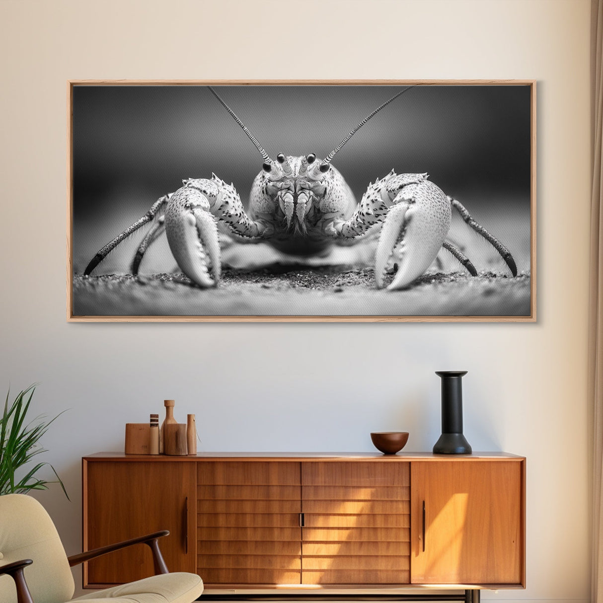 Hermit Crab, Close-Up, Ocean Creature, Monochrome Nature, Framed Canvas Print, Marine Wall Decor, Coastal Kitchen Wall Art, Entryway Accent