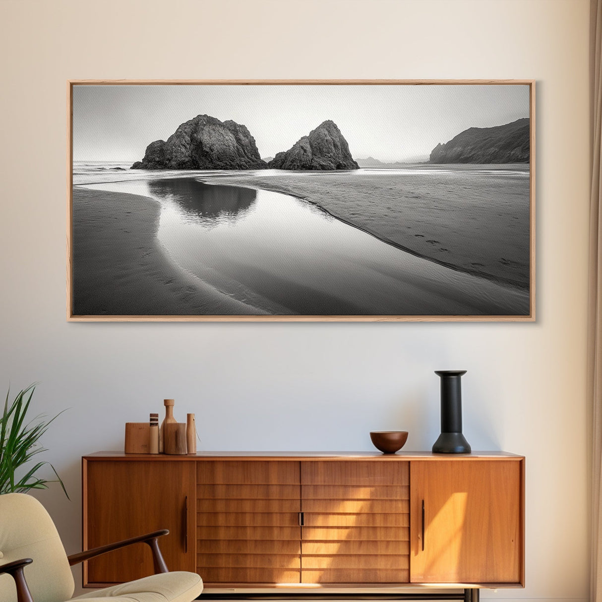 Seaside Rocks, Reflected Sky, Calm Ocean, Landscape Photography, Framed Canvas Print, Zen Wall Art, Modern Minimalist Decor, Modern Home Decor