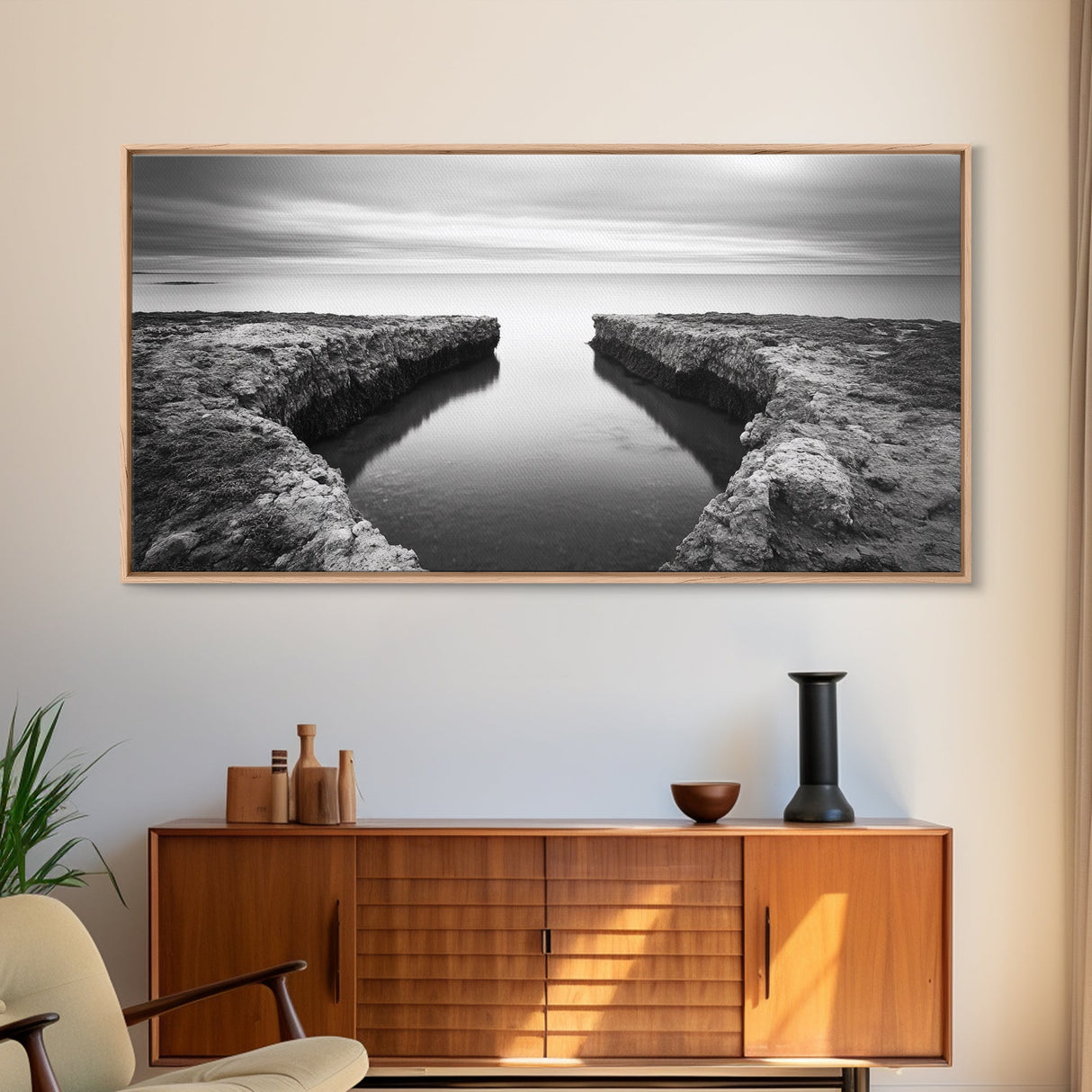 Rocky Inlet, Ocean View, Symmetry Nature, Coastal Zen, Canvas Print, Minimalist Bathroom Art, Tranquil Bedroom Wall Decor, Entryway Accent