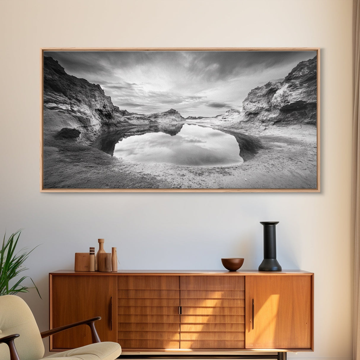 Mirror Lake, Rocky Terrain, Tranquil Waters, Framed Canvas Print, Meditation Room Art, Nature Reflection, Earthy Tones, Spa Decor