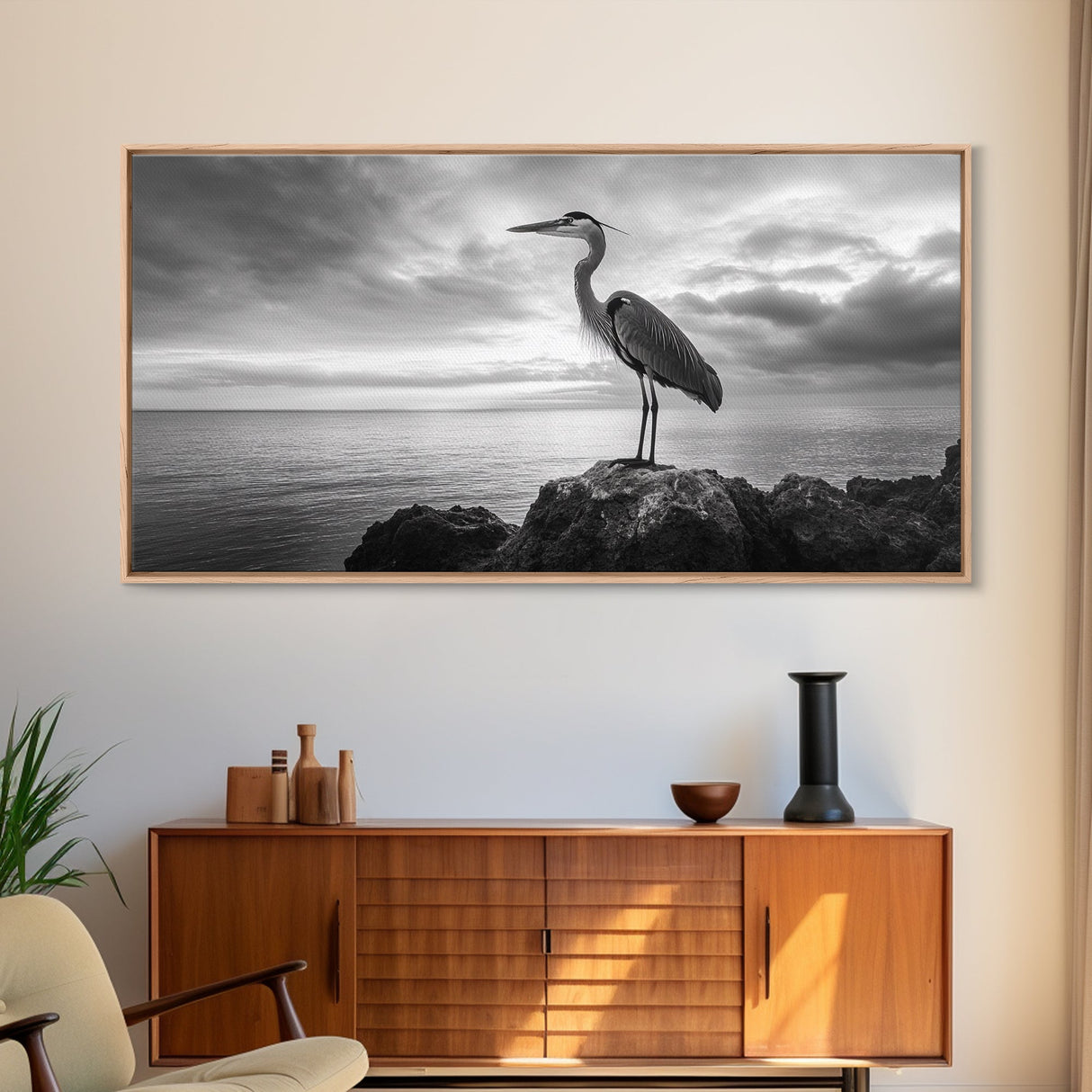 Heron Bird, Ocean Rock, Serene Wildlife, Canvas Print, Coastal Wall Art, Modern Farmhouse Decor, Minimalist Animal Scene