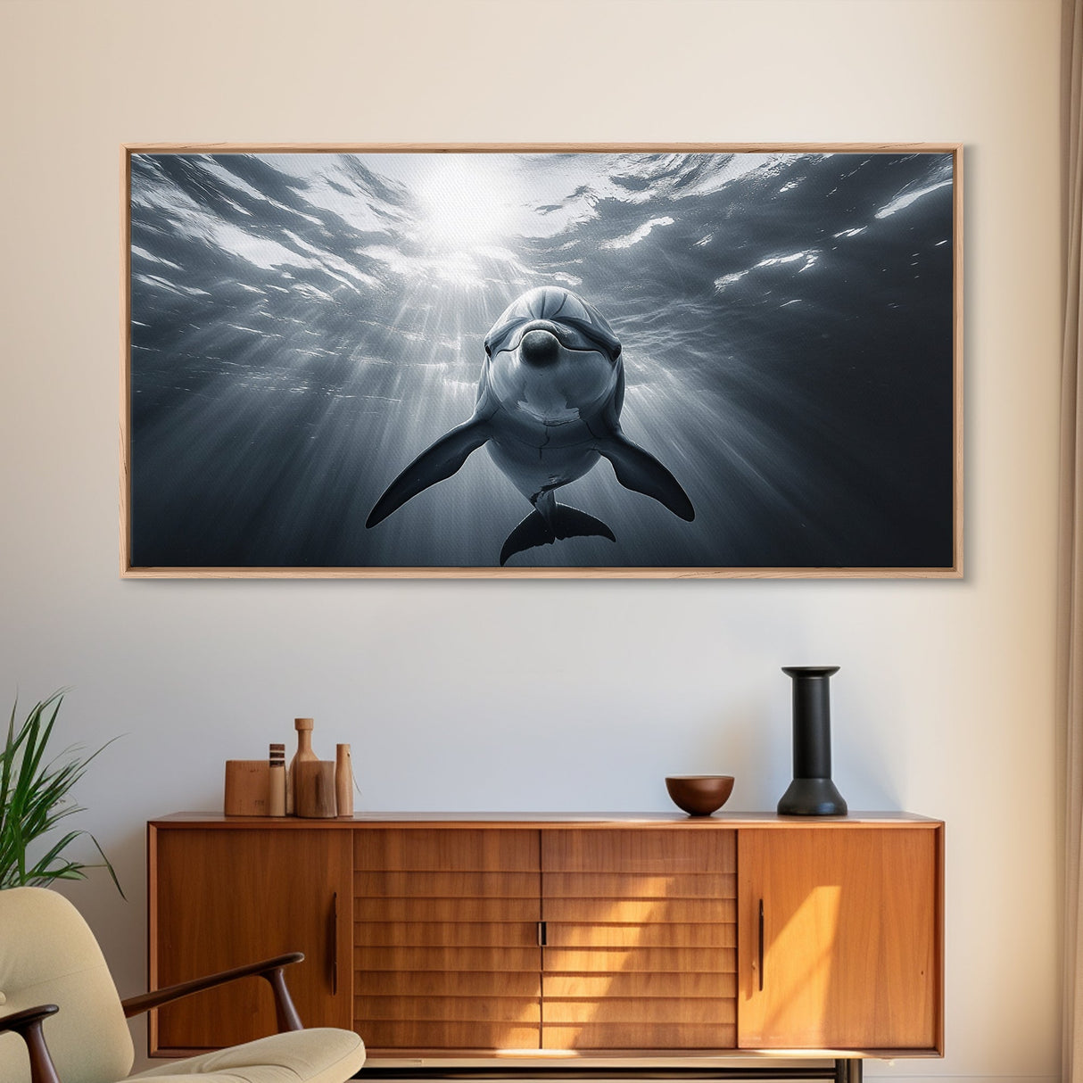 Underwater Dolphin, Ocean Wildlife Art, Marine Animal Decor, Coastal Vibes, Canvas Print, Bathroom Wall Art, Nautical Themed Room
