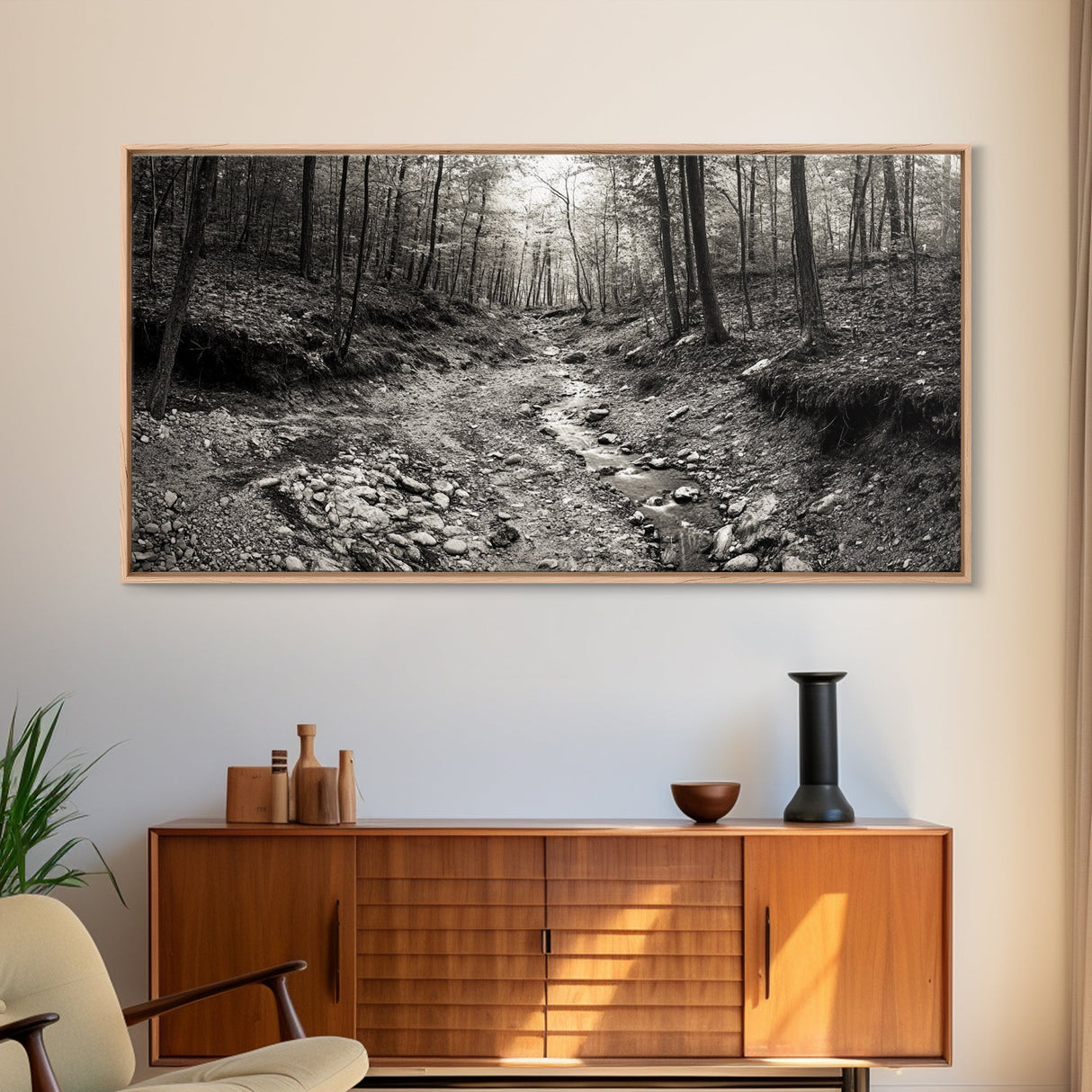 Forest Stream, Tranquil Woodland Path, Autumn Nature Photography, Framed Canvas Print, Rustic Cabin Decor, Living Room Wall Art