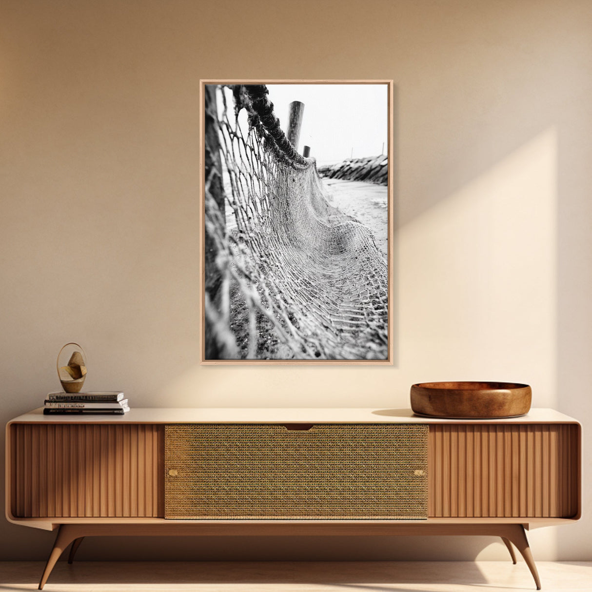 Coastal Net, Beach Texture, Nautical Vibe, Ocean Fence, Framed Canvas Print, Bathroom Wall Art, Coastal Cottage Style, Monochrome Beach Art