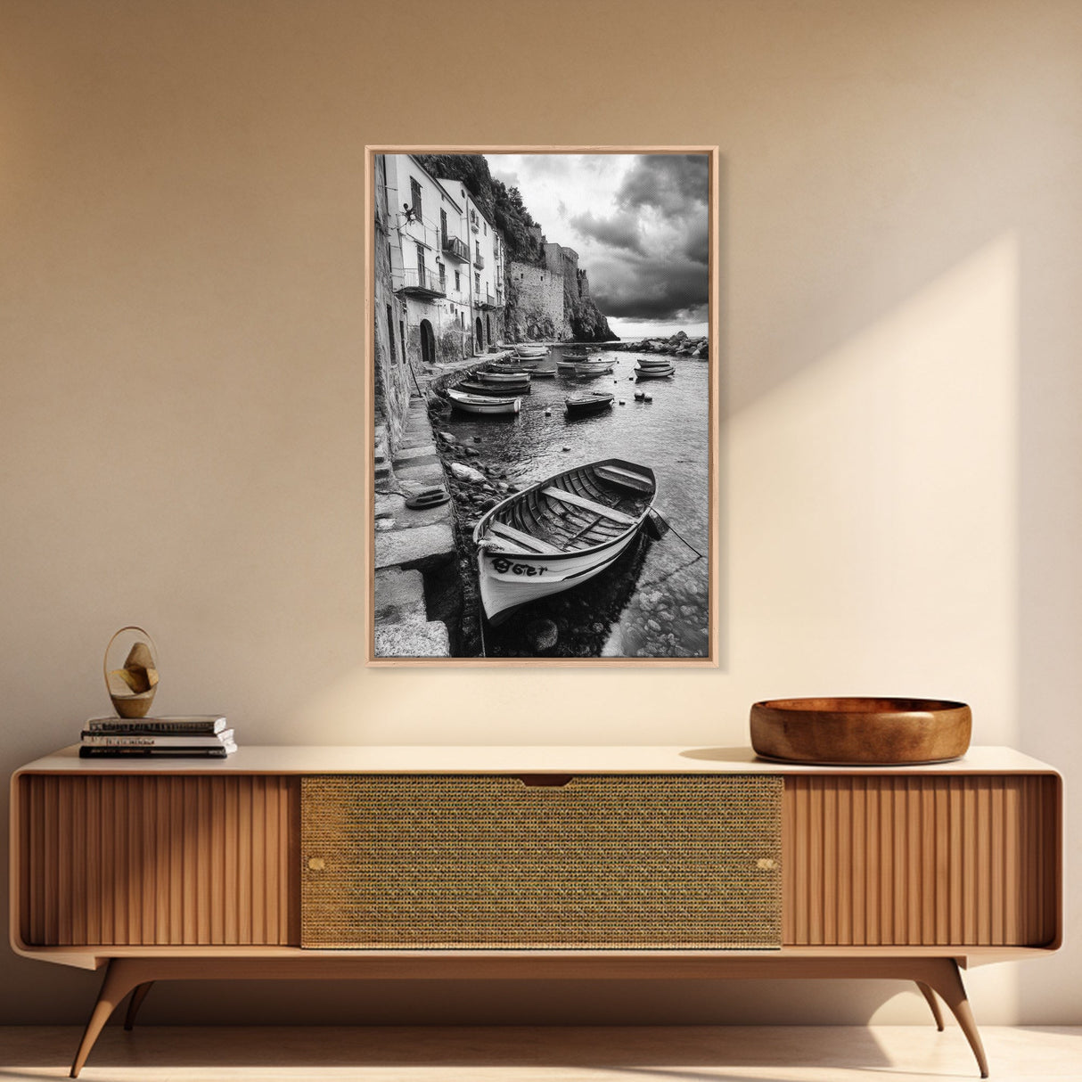 Coastal Village, Fishing Boats, Mediterranean Harbor, Seaside Charm, Framed Canvas Print, Nautical Kitchen Wall Art, Fall Decor Accent