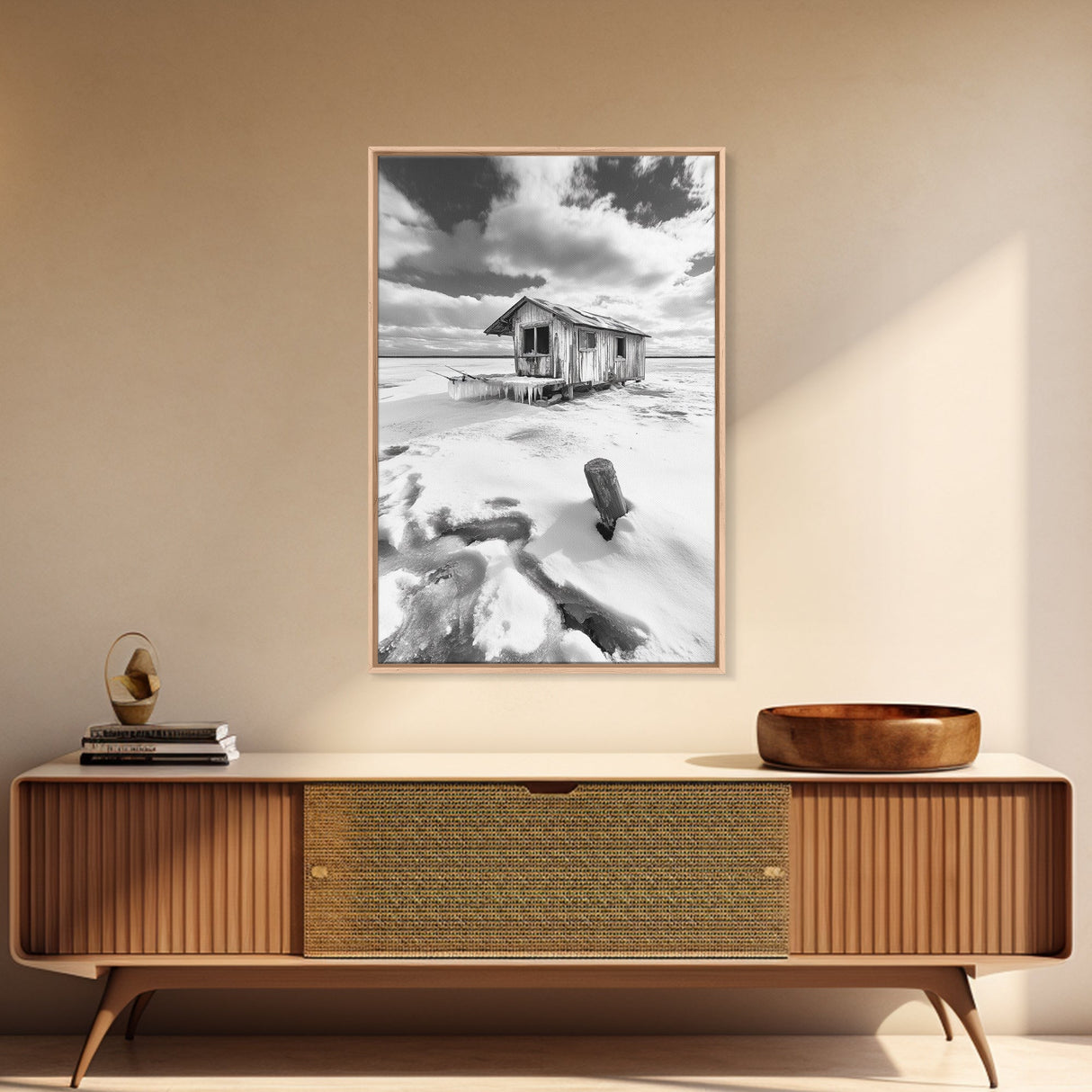 Frozen Cabin Scene, Snowy Landscape, Winter Monochrome, Canvas Print, Cabin Wall Art, Rustic Winter Decor, Nature Photography