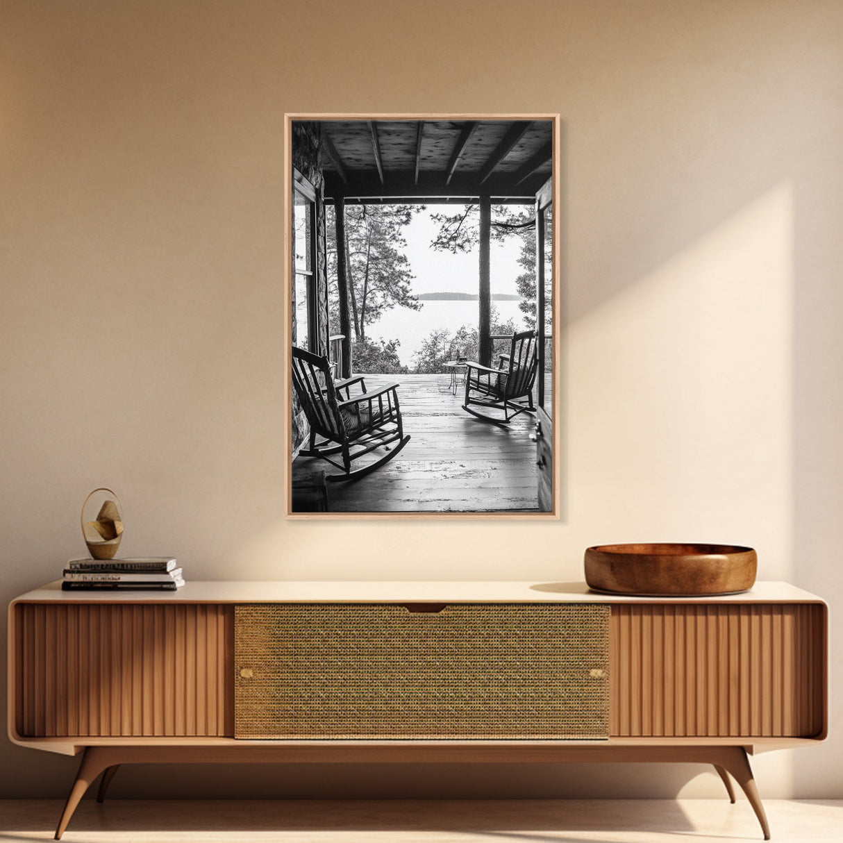 Rustic Porch View, Cabin Serenity, Lakefront Rocking Chairs, Framed Canvas Print, Farmhouse Wall Art, Living Room Decor, Fall Home Style