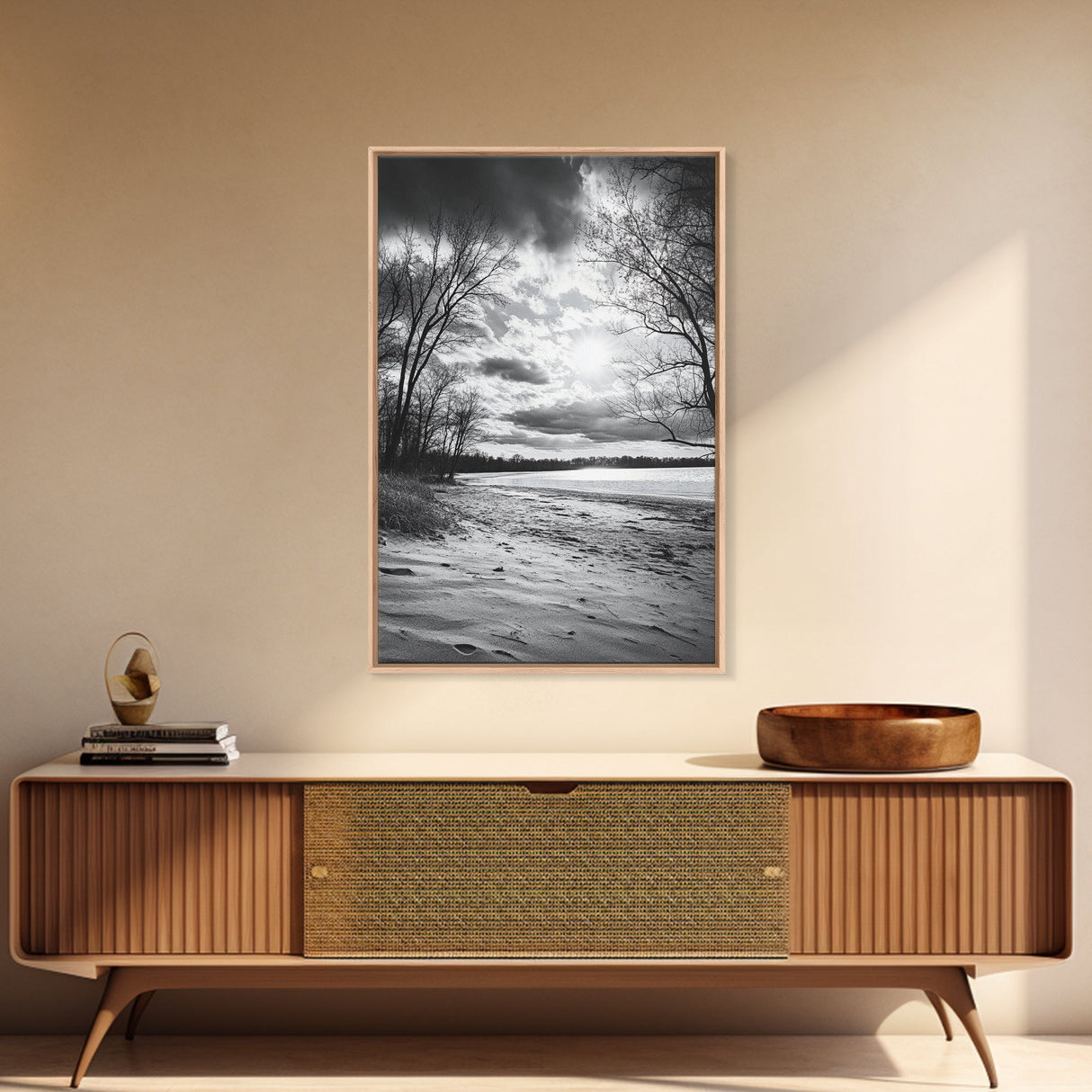 Dramatic Beach Sunset, Bare Trees Silhouette, Nature Photography, Framed Canvas Print, Fall Wall Art, Entryway Decor, Rustic Minimalist