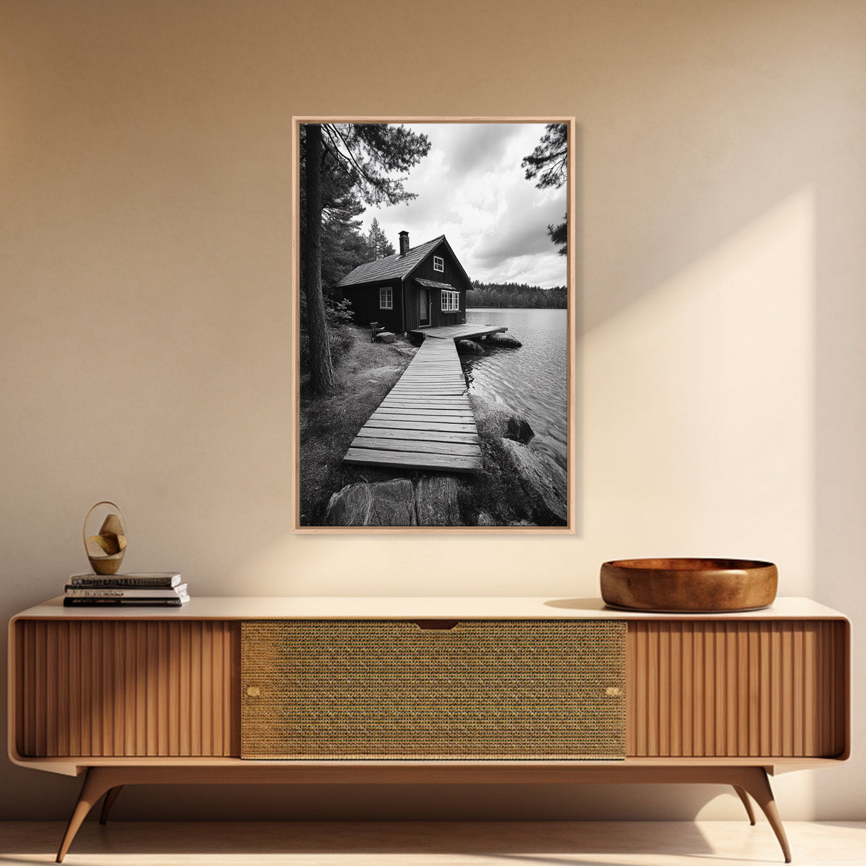 Lake Cabin Path, Nordic Forest Retreat, Nature Escape, Canvas Print, Cozy Wall Art, Scandinavian Decor, Fall Rustic Living Room Art