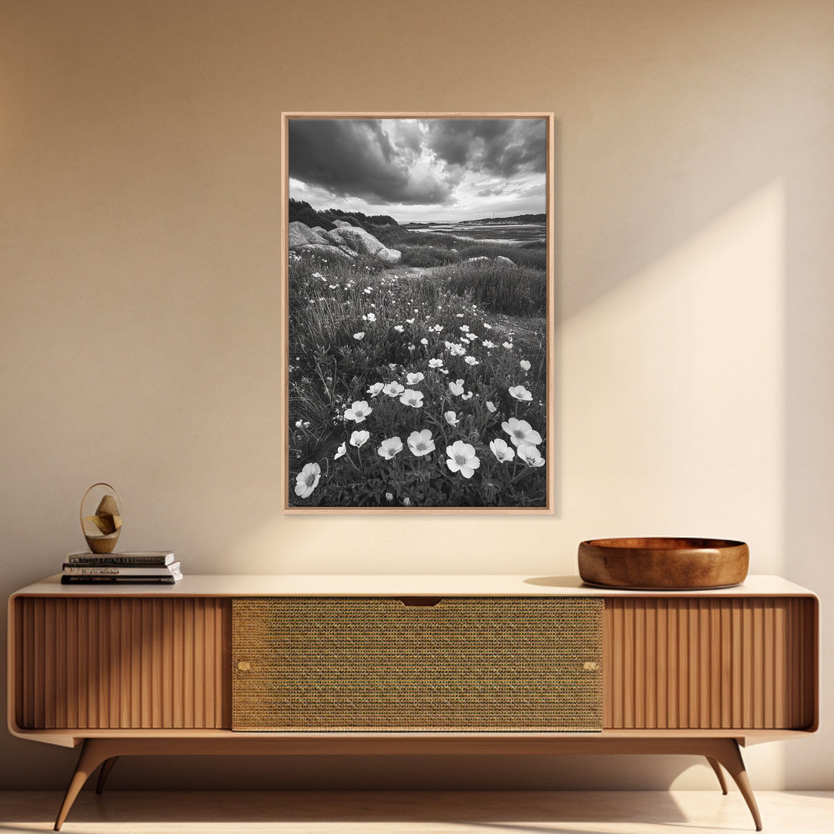 Meadow Bloom, Coastal Flowers, Stormy Sky, Framed Canvas Print, Spring Wall Art, Nature Photography, Kitchen Botanical Decor