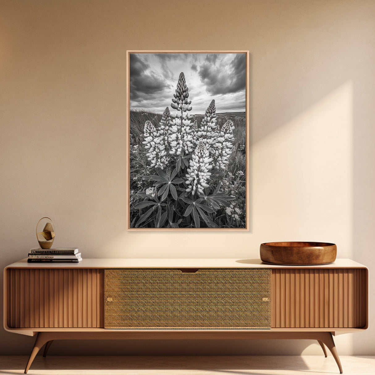 Lupine Flower Field, Bold Floral, Spring Nature Scene, Framed Canvas Print, Boho Living Room Art, Botanical Wall Decor