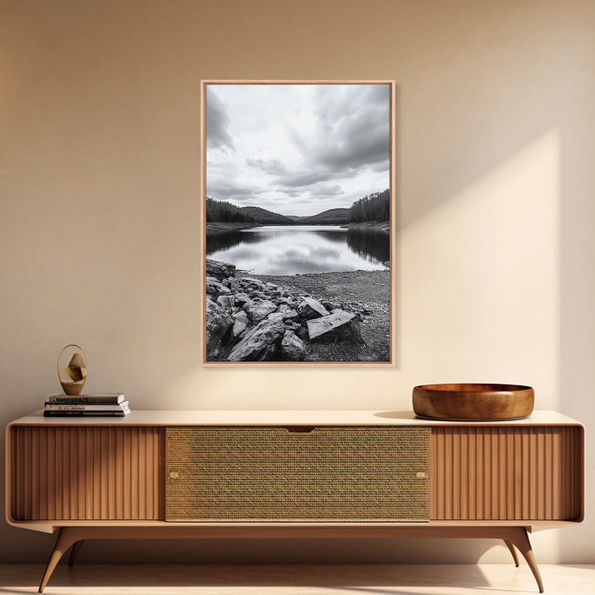 Misty Lake View, Peaceful Reflections, Nature Tranquility, Framed Canvas Print, Bedroom Wall Art, Black and White Landscape, Minimalist Art