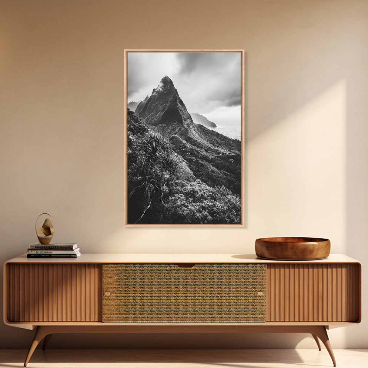 Lush Mountain Range, Cloud Covered Peaks, Jungle Tranquility, Framed Canvas Print, Entryway Wall Art, Black and White Nature, Boho Wall Art