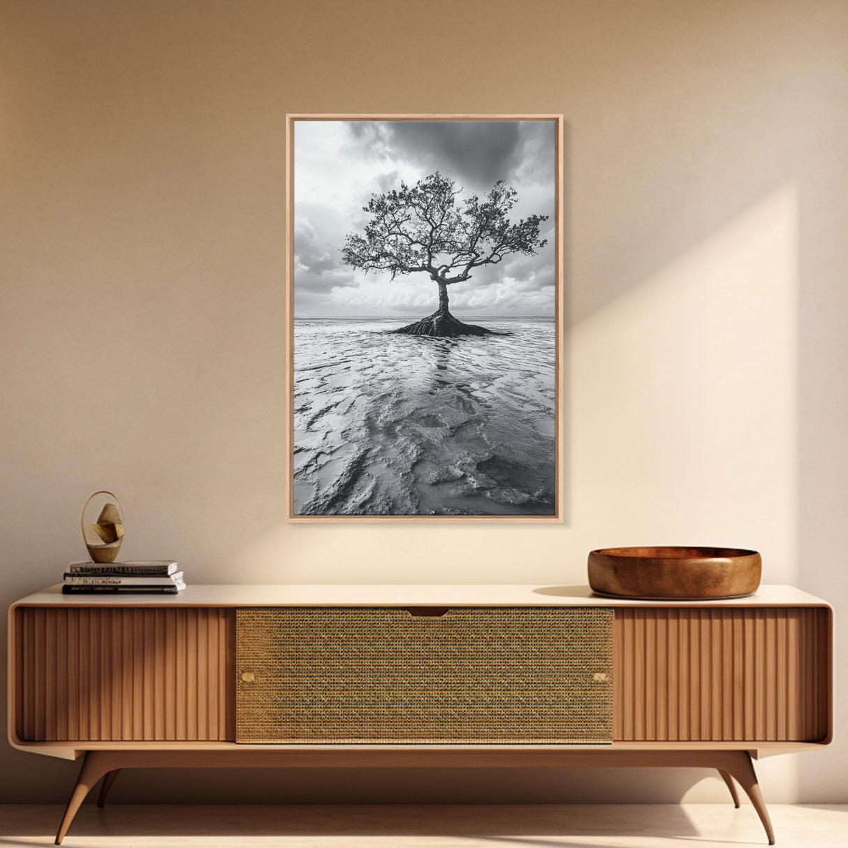 Lonely Tree, Coastal Roots, Ocean Breeze, Framed Canvas Print, Entryway Wall Art, Moody Nature Photography, Minimalist Earth Tones