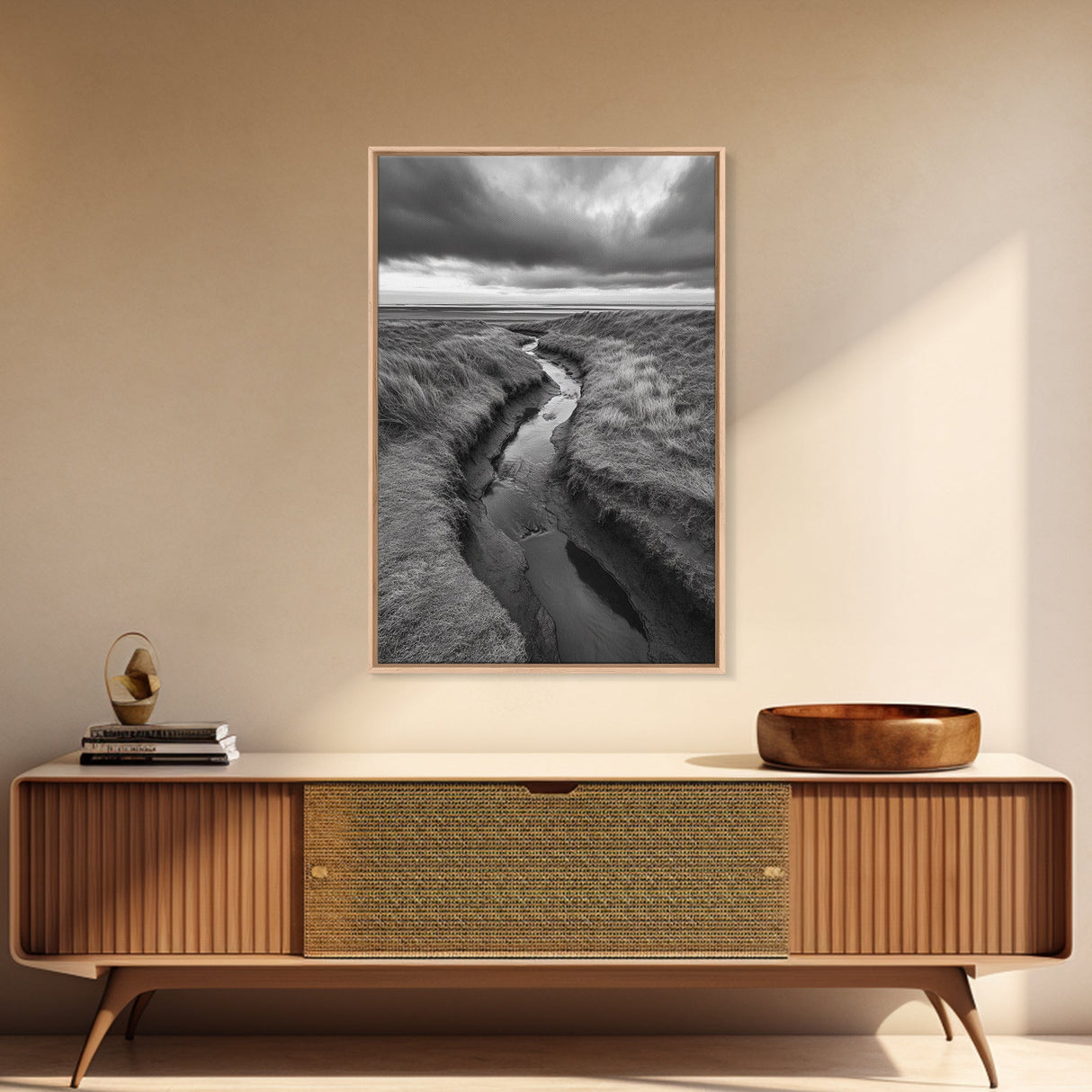 Winding Stream, Grassy Dunes, Ocean Horizon, Canvas Print, Kitchen Wall Art, Black and White Nature Scene, Coastal Rustic Decor