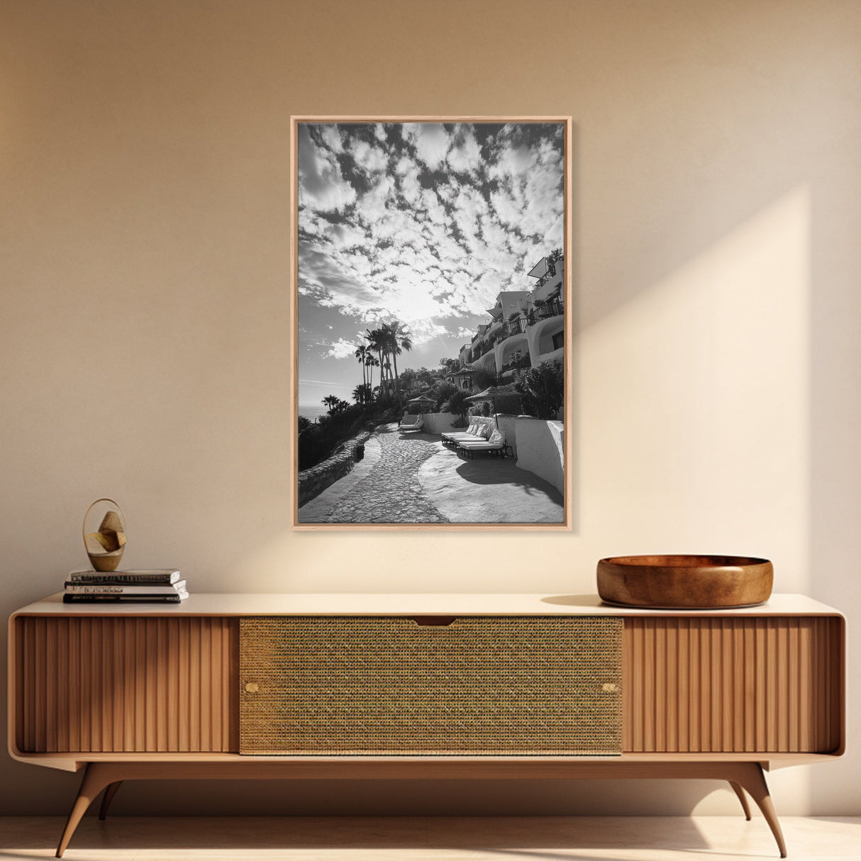 Mediterranean Villa, Palm Tree Art, Coastal Pathway, Framed Canvas Print, Living Room Decor, Summer Wall Art, Black and White Photography