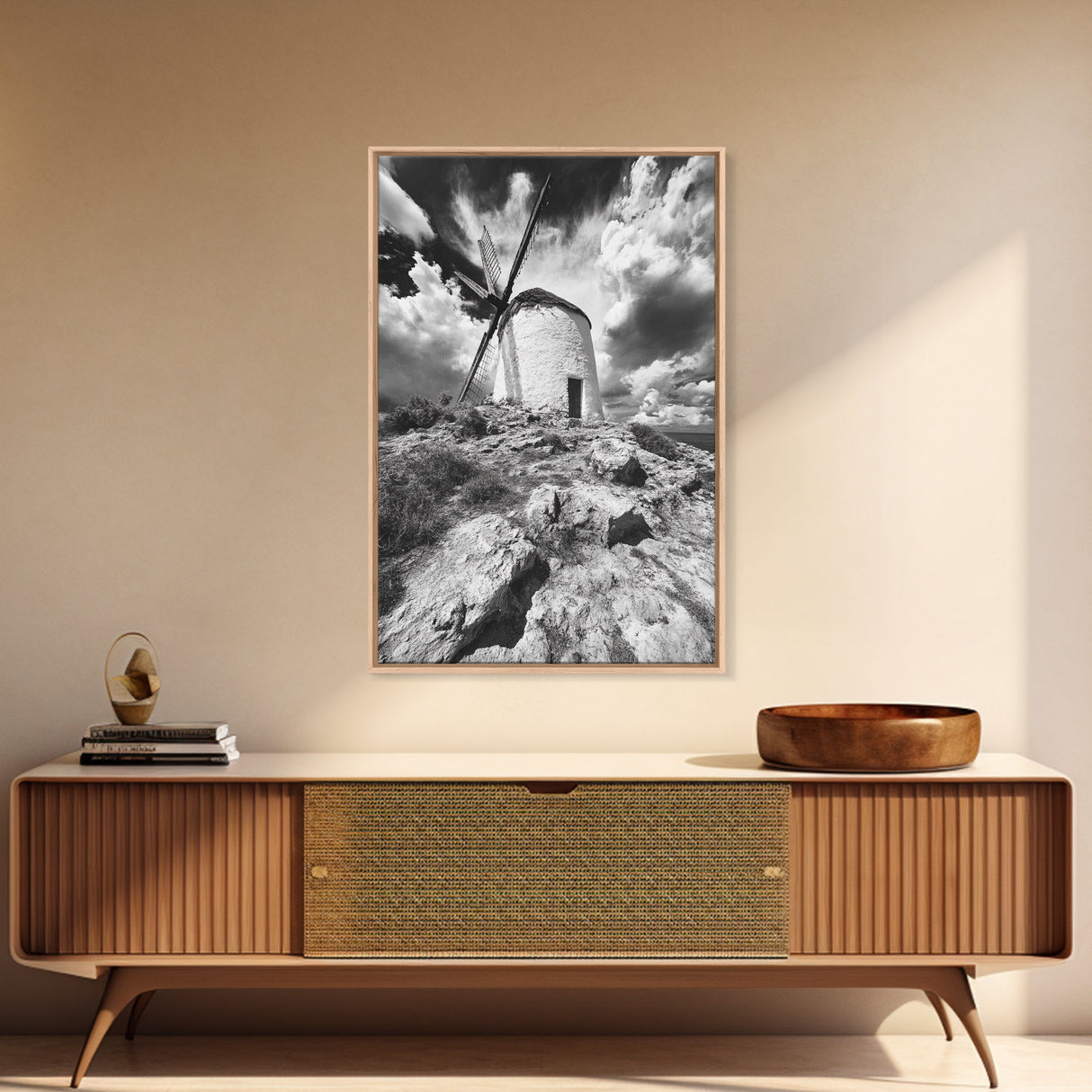 Windmill Hill, Dramatic Sky Art, European Landscape, Framed Canvas Print, Entryway Wall Art, Rustic Decor, Monochrome Photography
