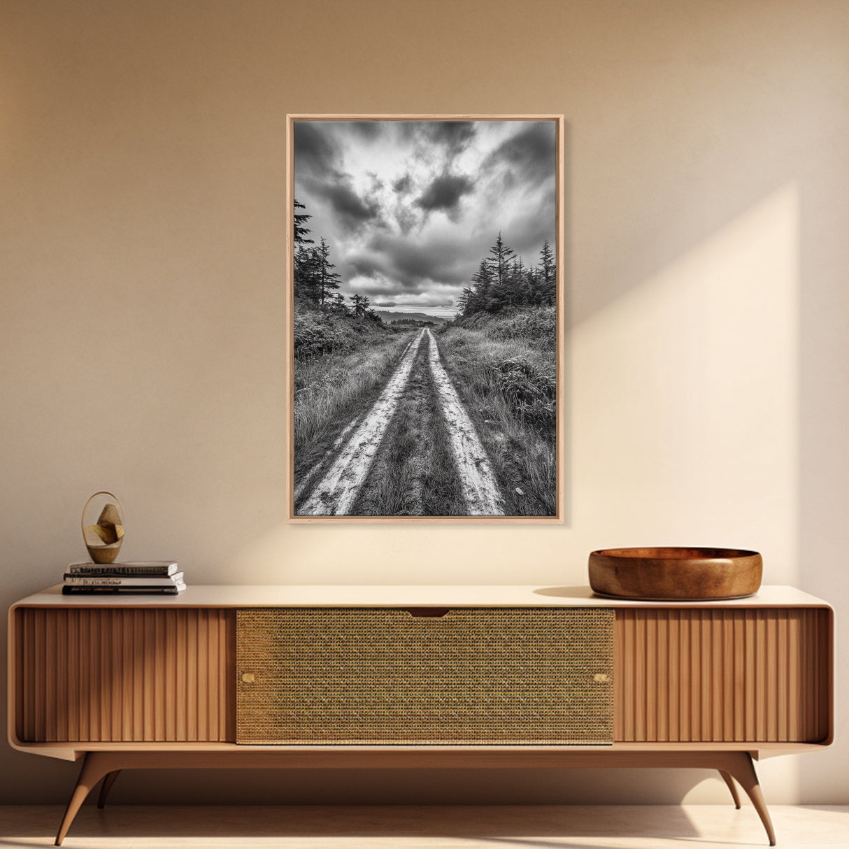 Forest Trail, Overcast Sky, Nature Pathway, Moody Landscape, Framed Canvas Print, Office Wall Art, Woodland Autumn Decor