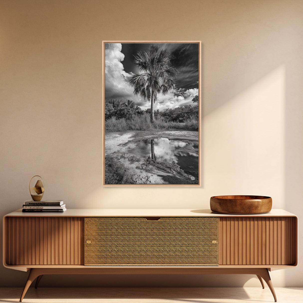 Tropical Palm, Reflected Sky, Nature Tranquility, Canvas Print, boho wall decor, bathroom art, tropical reflection photography