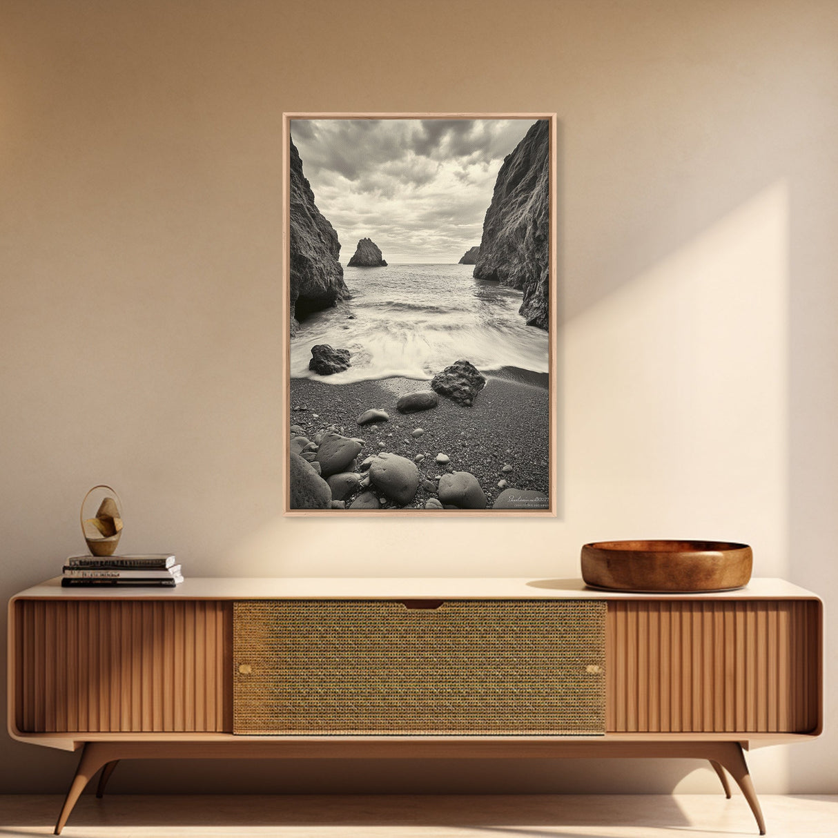 Secluded Cove, Rocky Shoreline, Ocean Retreat, Canvas Print, neutral beach art, living room decor, coastal nature photography