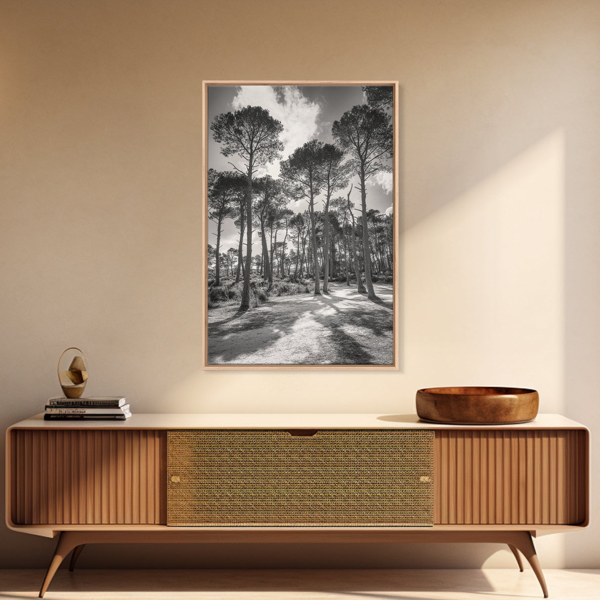 Forest Shadows, Tall Pines, Natural Light, Framed Canvas Print, woodland landscape, rustic cabin decor, autumn forest art