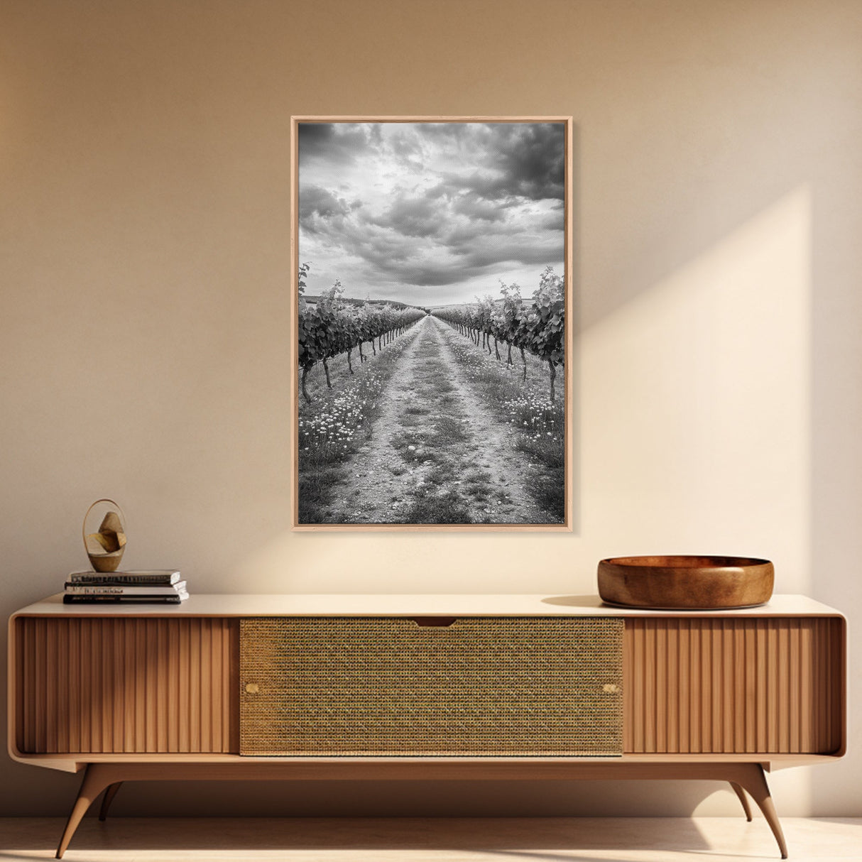 Vineyard Rows, Cloudy Skies, Countryside Path, Canvas Print, Farmhouse Wall Art, Kitchen or Dining Decor, Rustic Landscape Photo