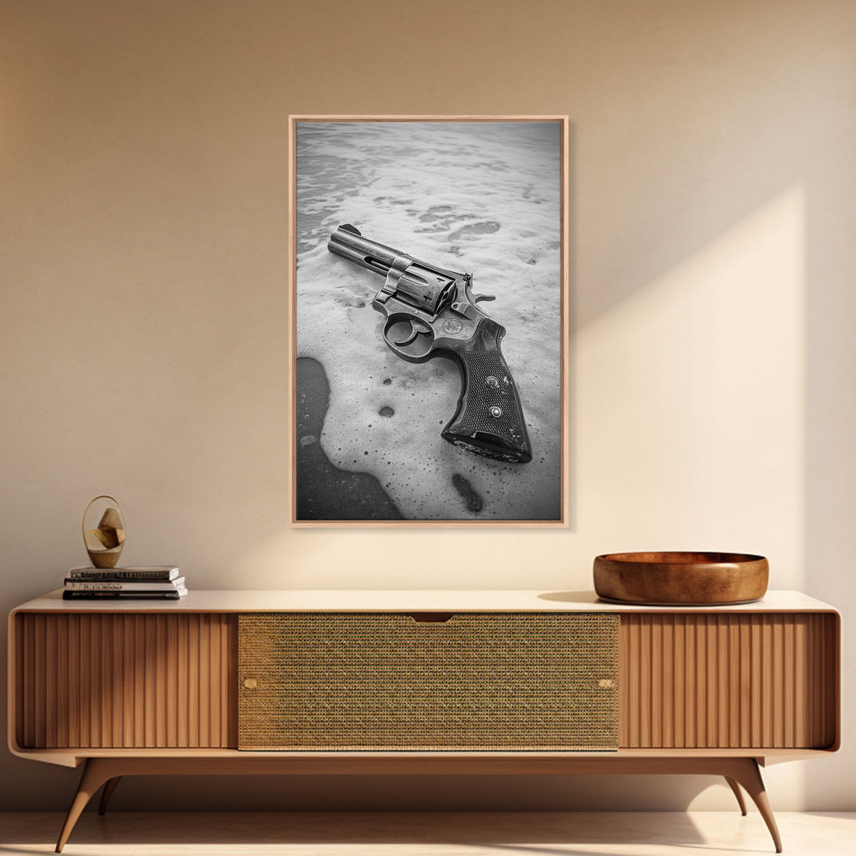 Revolver Beach, Washed Ashore, Western Style, Noir Photography, Framed Canvas Print, Industrial Wall Art, Man Cave Decor, Rustic Vibes
