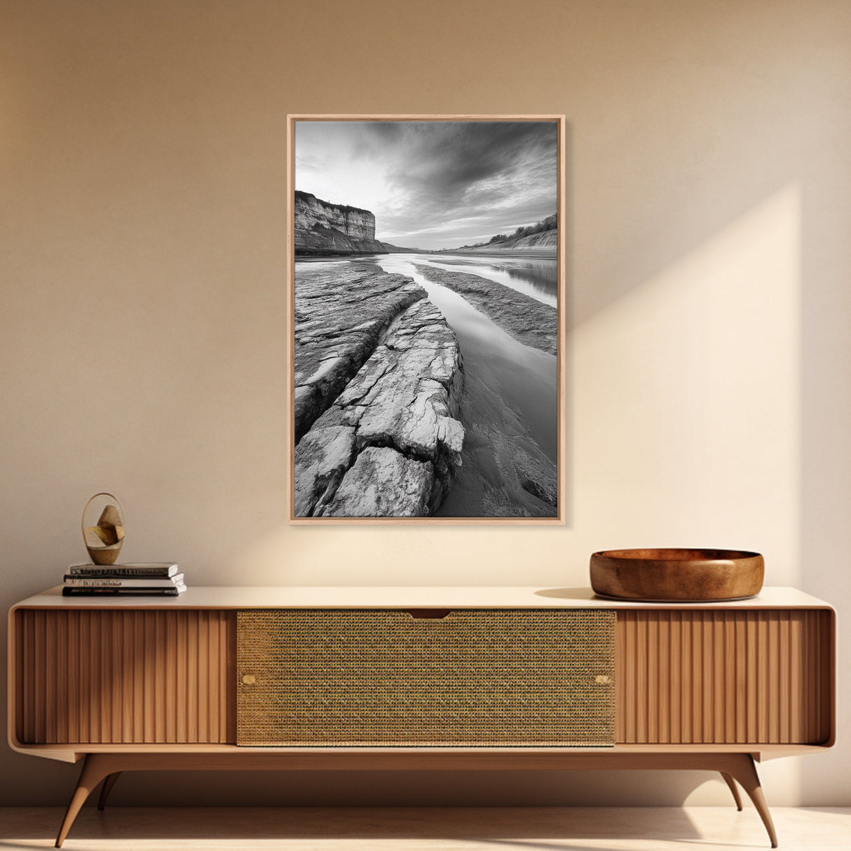Eroded Riverbed, Desert Rock, Serene Canyon, Long Exposure, Framed Canvas Print, Earth Tones, Dining Room Decor, Nature Inspired