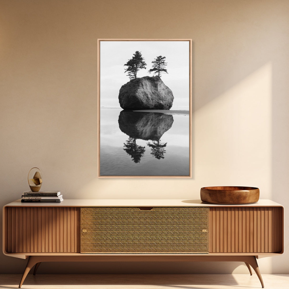 Island Reflection, Twin Trees, Still Water, Minimal Seascape, Framed Canvas Print, Bedroom Wall Art, Zen Decor, Black and White Art
