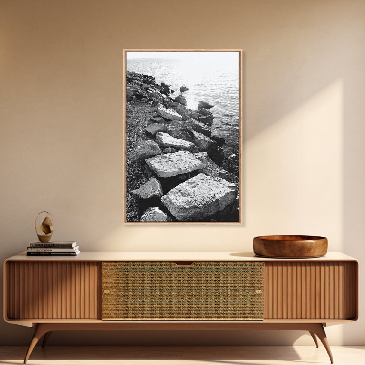 Shore Rocks, Sunlit Ocean, Rugged Texture, Minimal Horizon, Framed Canvas Print, Entryway Wall Art, Beach Decor, Neutral Tones