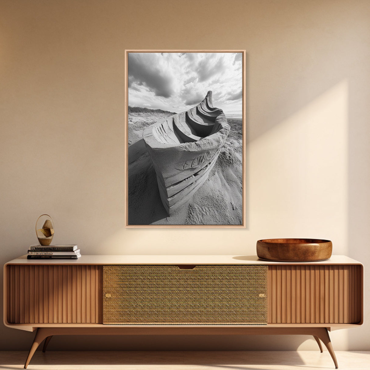 Sand Boat, Beach Sculpture, Dramatic Clouds, Textured Art, Framed Canvas Print, nautical wall art, coastal boho decor, modern beach print