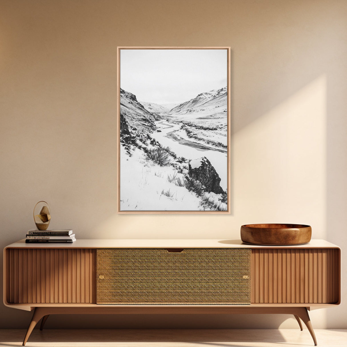 Snowy Canyon, Winter Valley, Frozen Landscape, Framed Canvas Print, Minimalist Wall Art, Neutral Living Room or Office Decor
